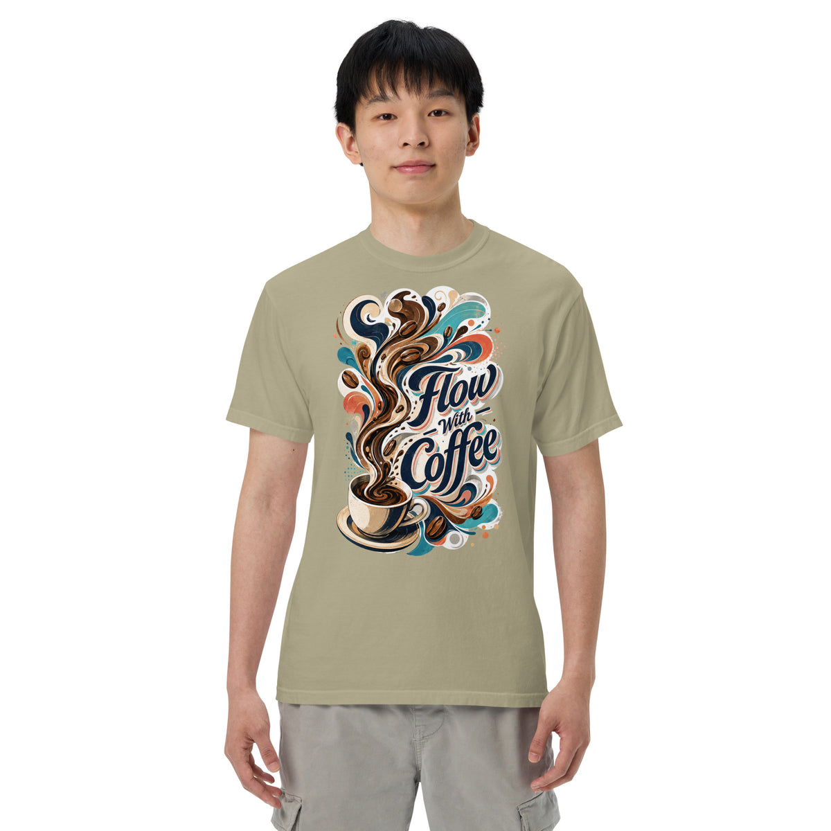 Coffee Lovers Heavyweight T-Shirt Flow with Coffee – Abstract Swirl & Coffee Bean Graphic Tee by printfluence.net