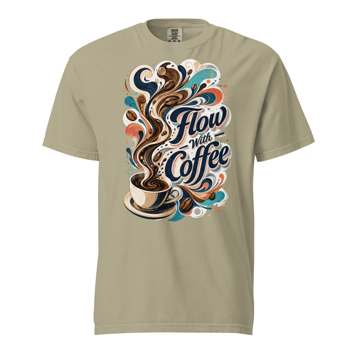 Coffee Lovers Heavyweight T-Shirt Flow with Coffee – Abstract Swirl & Coffee Bean Graphic Tee by printfluence.net
