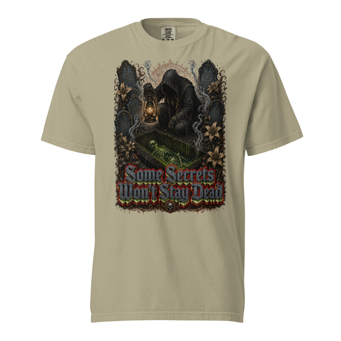 Horror & Mystery Lovers Unisex Garment-Dyed Heavyweight T-Shirt with Grave Keeper and "Some Secrets Won't Stay Dead" Design by printfluence.net