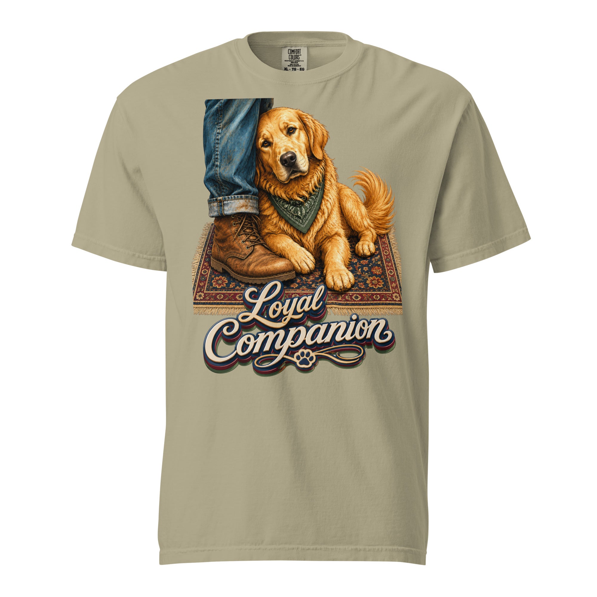 Golden Retriever Lovers Unisex Garment-Dyed Heavyweight T-Shirt — "Loyal Companion" Faithful Dog Resting on Rug Design by printfluence.net