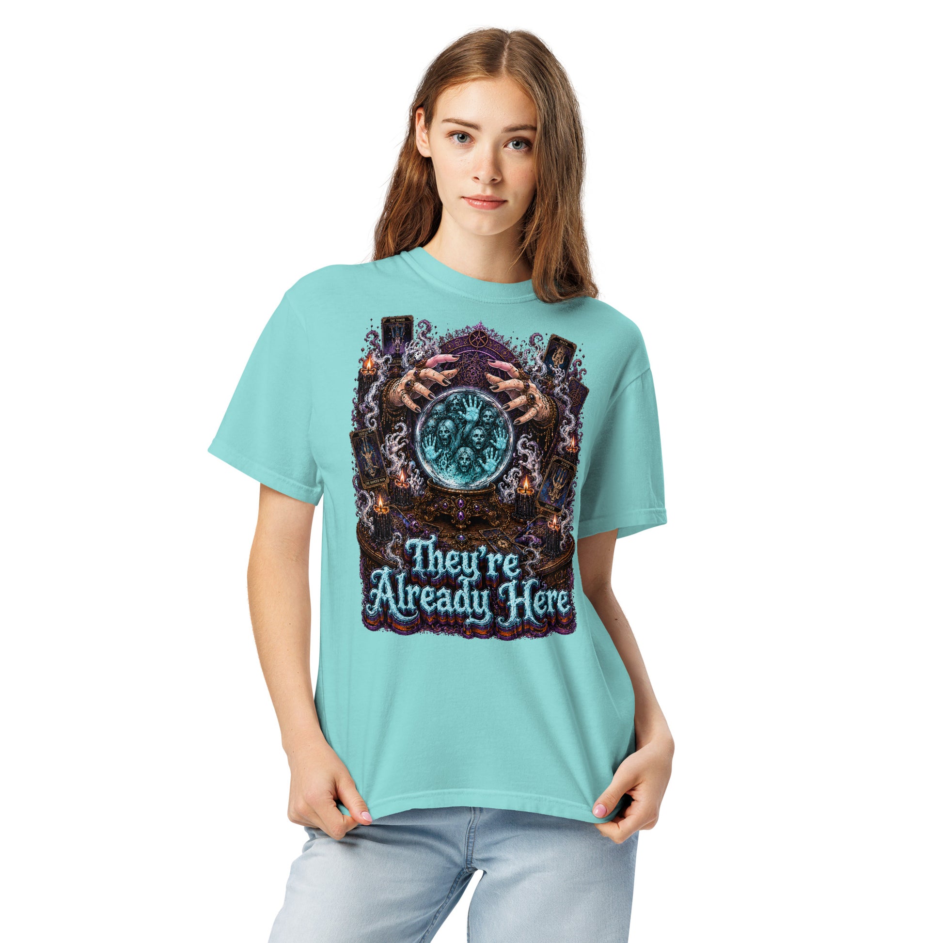 Horror and Mystery Lovers Unisex Garment-Dyed Heavyweight T-Shirt — "They're Already Here" Fortune Teller Crystal Ball and Tarot Design by printfluence.net