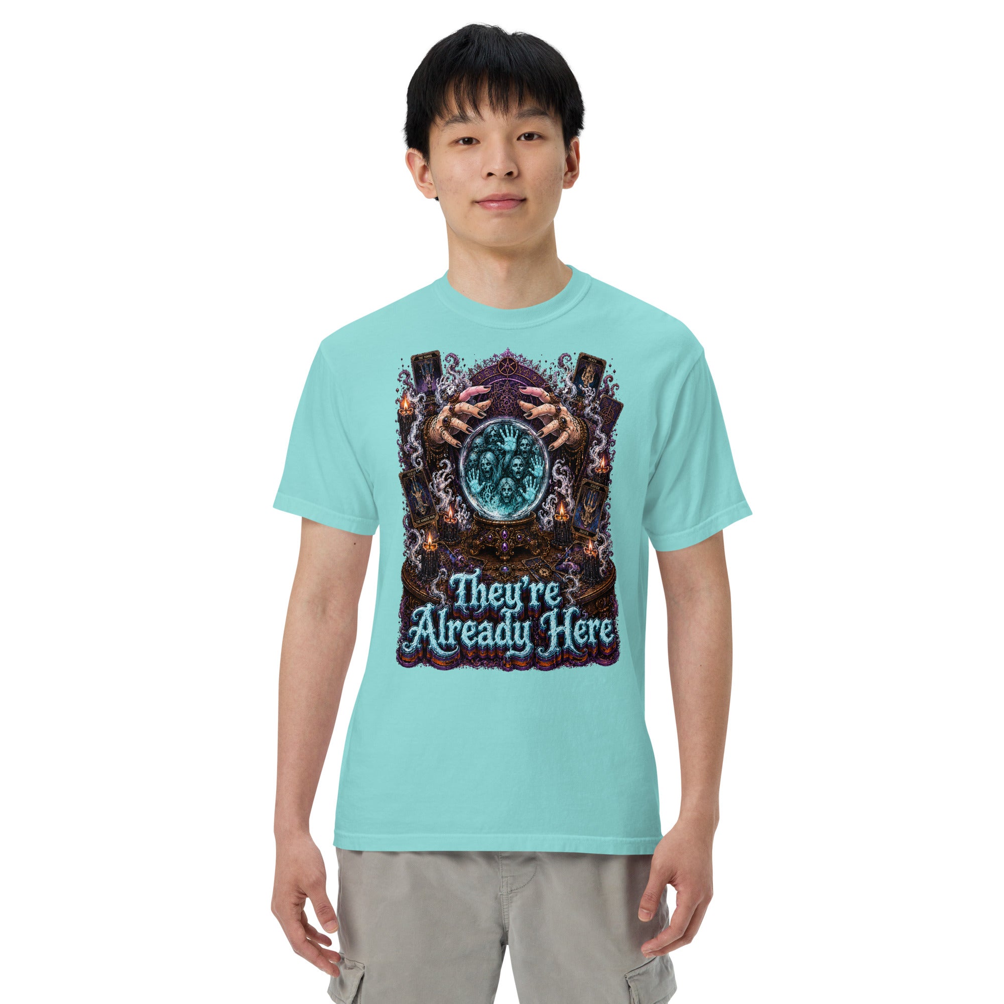 Horror and Mystery Lovers Unisex Garment-Dyed Heavyweight T-Shirt — "They're Already Here" Fortune Teller Crystal Ball and Tarot Design by printfluence.net