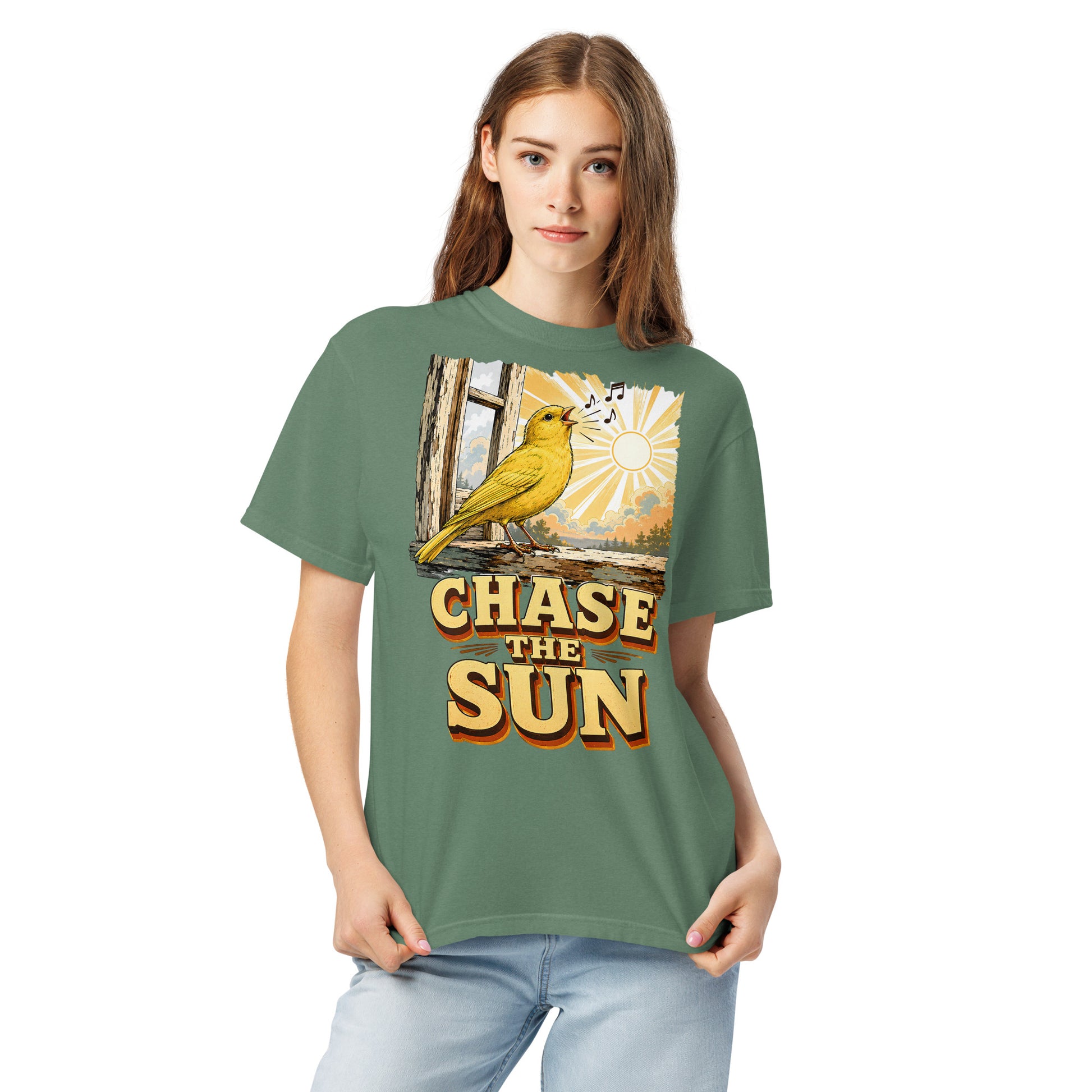Vintage Chase The Sun Faded Oversized Tee - Retro Canary Lovers T-Shirt T-1 by printfluence.net
