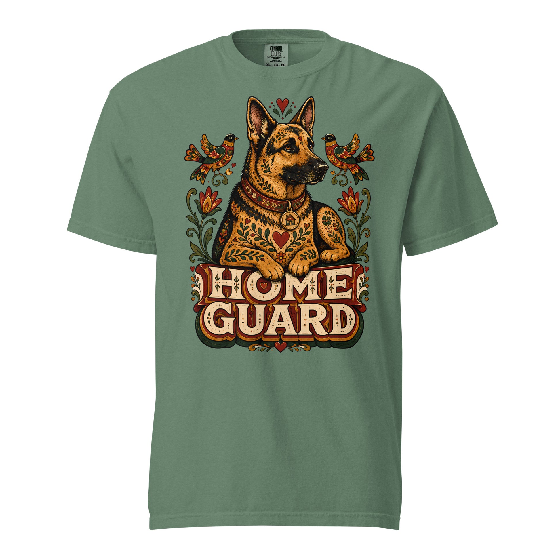 German Shepherd Lovers Unisex Garment-Dyed T-Shirt | Folk Art "Home Guard" Graphic Apparel by printfluence.net