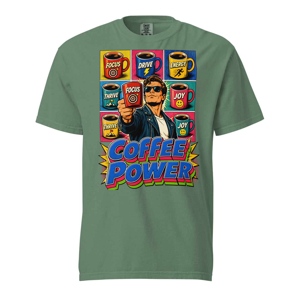 Coffee Lovers Unisex Garment-Dyed Heavyweight T-shirt Coffee Power – Retro Pop Art Motivational Graphic Tee by printfluence.net