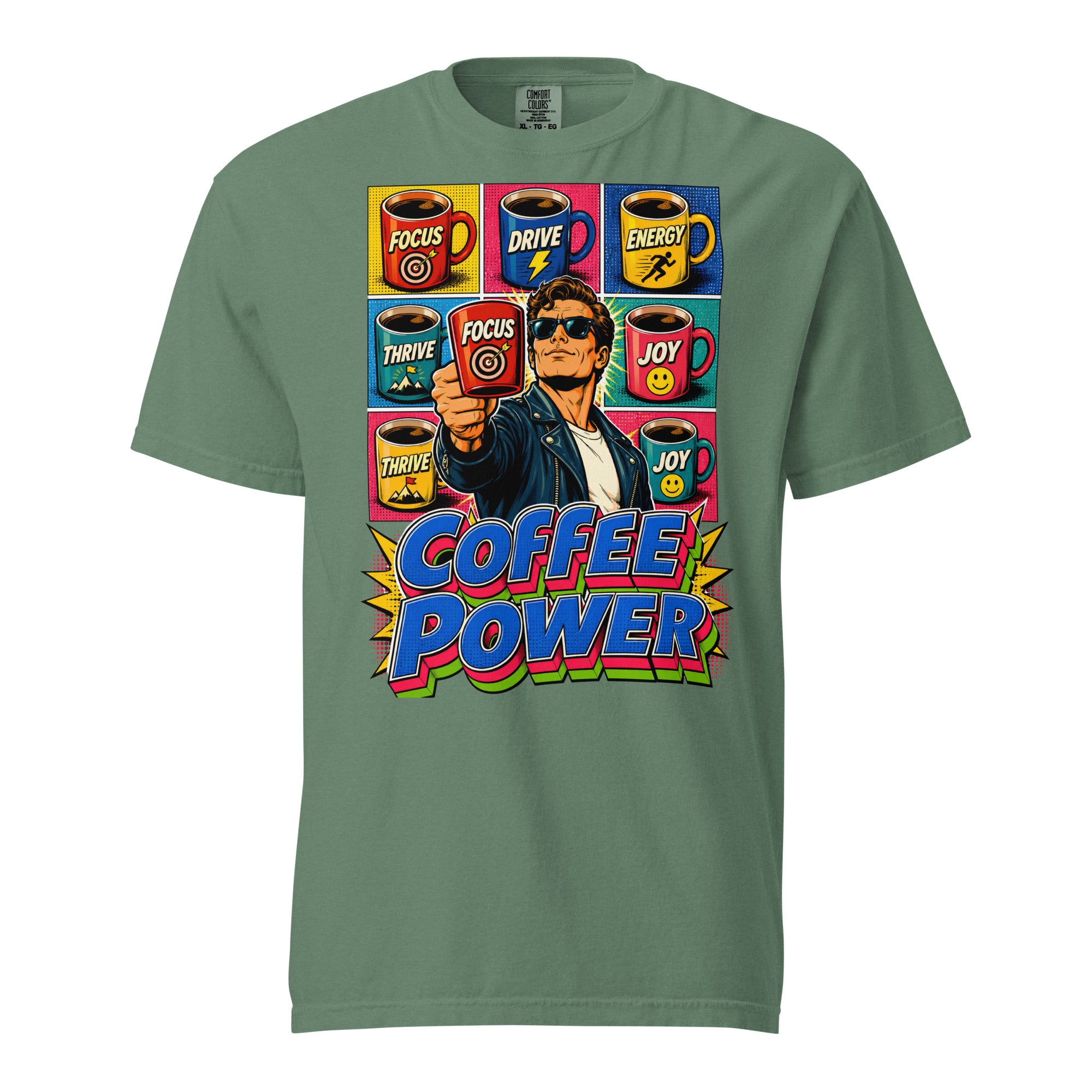 Coffee Lovers Unisex Garment-Dyed Heavyweight T-shirt Coffee Power – Retro Pop Art Motivational Graphic Tee by printfluence.net