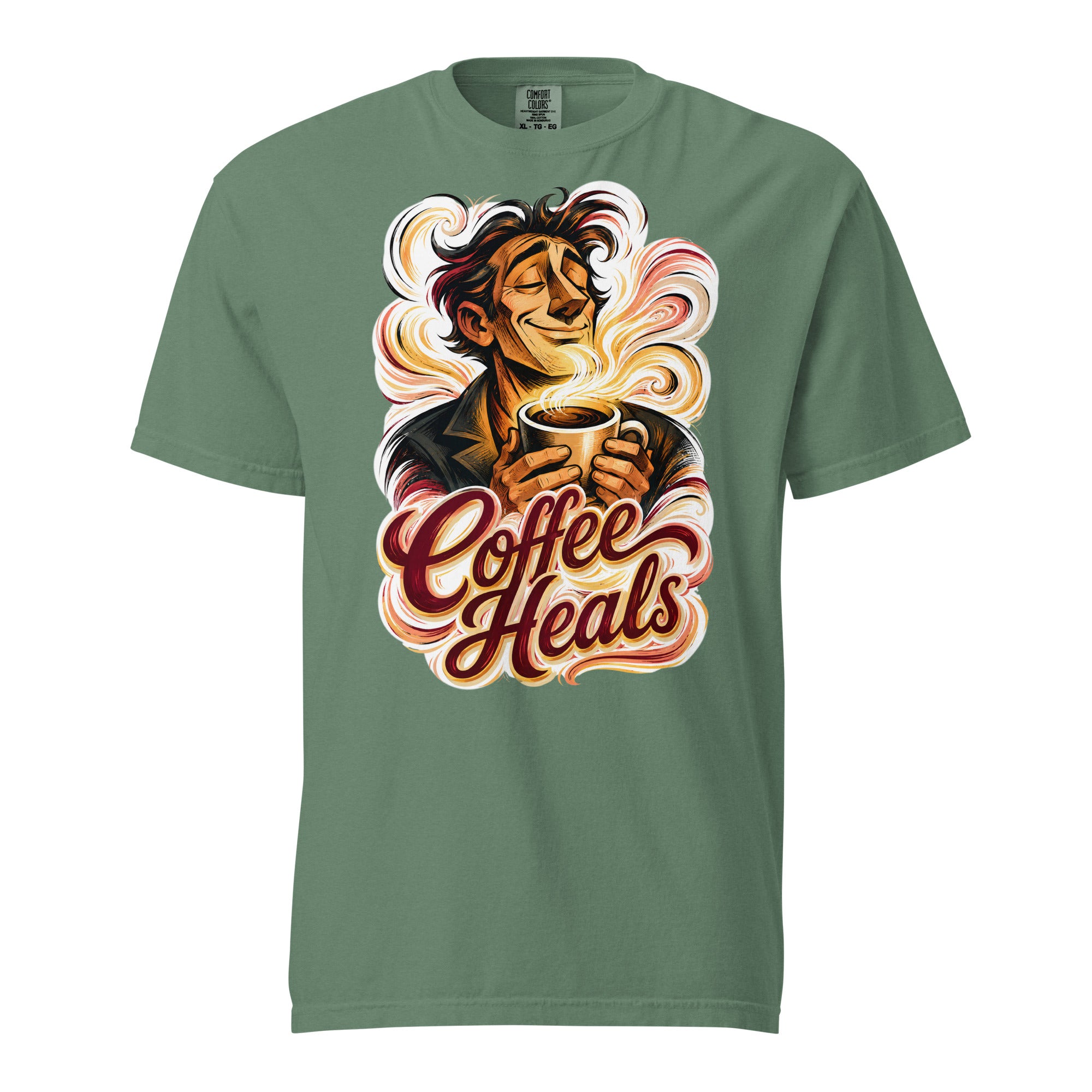 Coffee Lovers Unisex Garment-Dyed Heavyweight T-shirt Coffee Heals – Soulful Morning Motivation Graphic Tee by printfluence.net