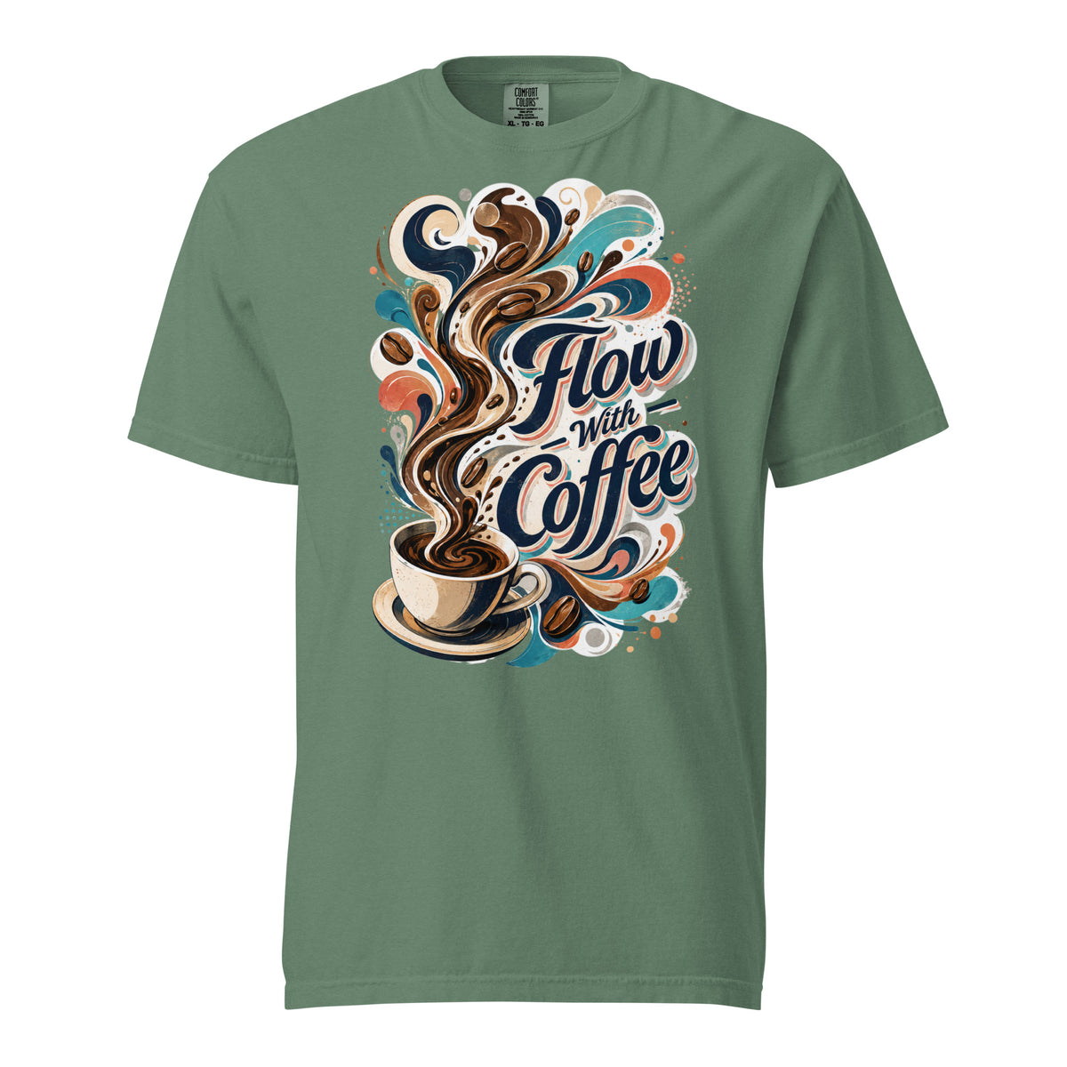 Coffee Lovers Heavyweight T-Shirt Flow with Coffee – Abstract Swirl & Coffee Bean Graphic Tee by printfluence.net