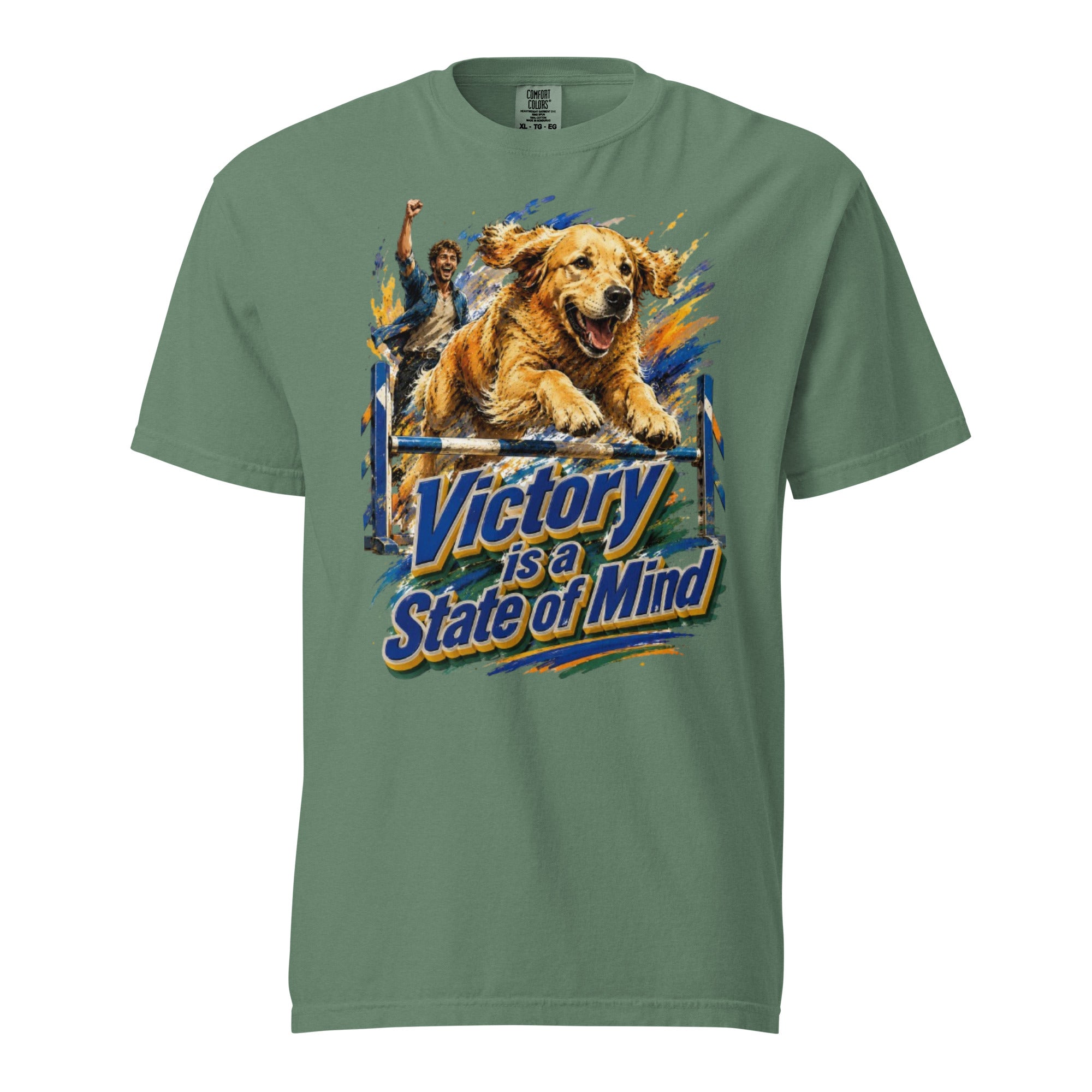 Golden Retriever Lovers Unisex Garment-Dyed Heavyweight T-Shirt — "Victory is a State of Mind" Agility Jumping Dog and Owner Design by printfluence.net