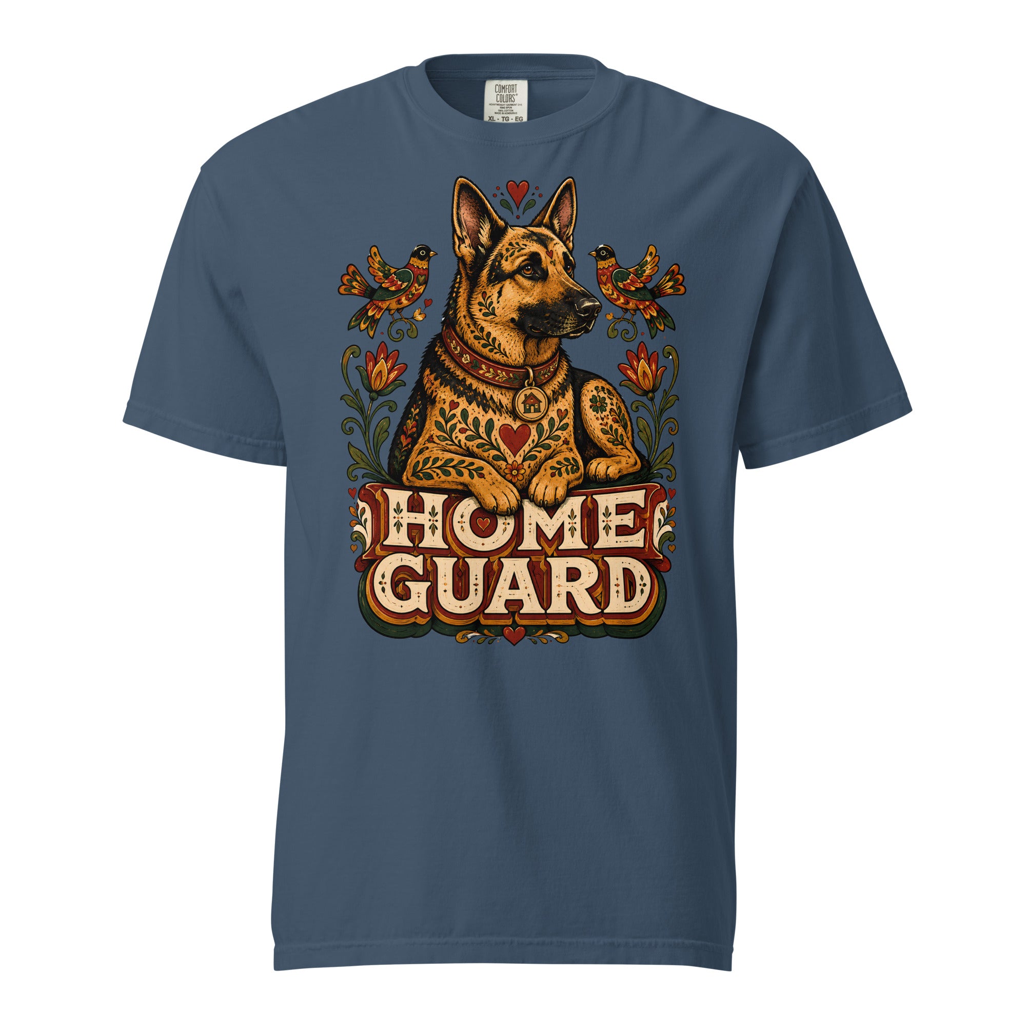 German Shepherd Lovers Unisex Garment-Dyed T-Shirt | Folk Art "Home Guard" Graphic Apparel by printfluence.net