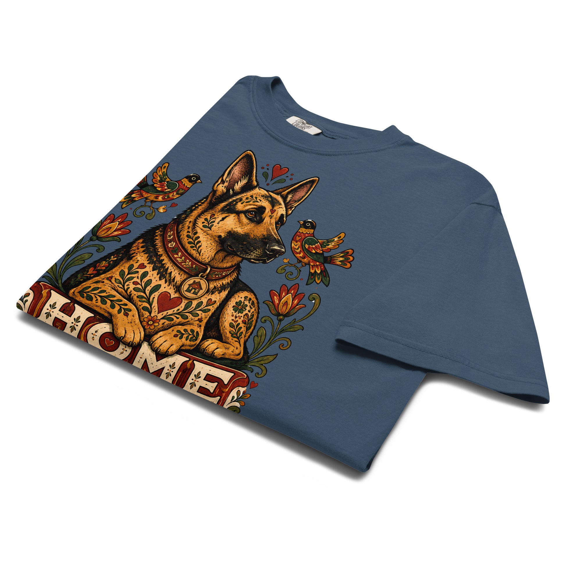 German Shepherd Lovers Unisex Garment-Dyed T-Shirt | Folk Art "Home Guard" Graphic Apparel by printfluence.net