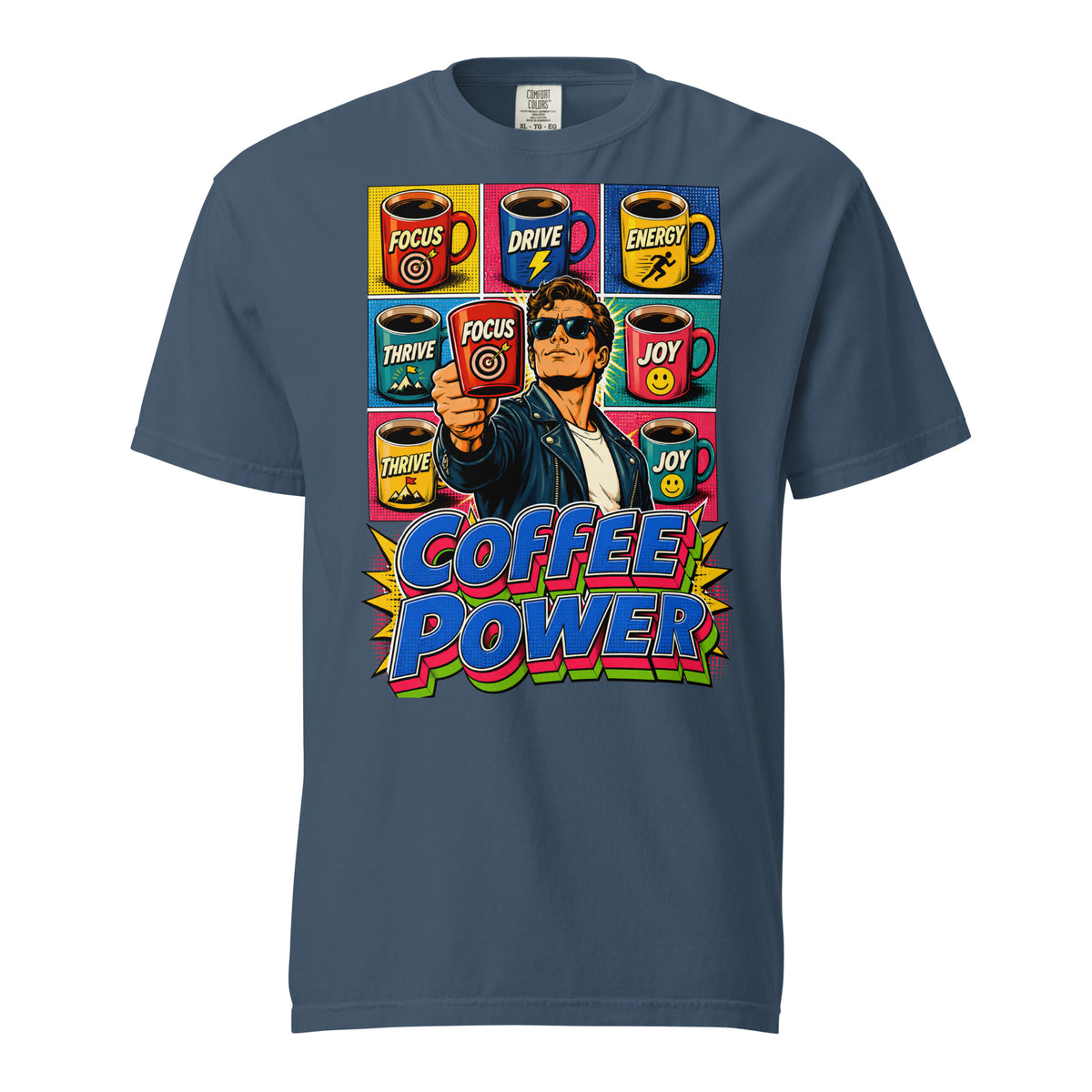 Coffee Lovers Unisex Garment-Dyed Heavyweight T-shirt Coffee Power – Retro Pop Art Motivational Graphic Tee by printfluence.net