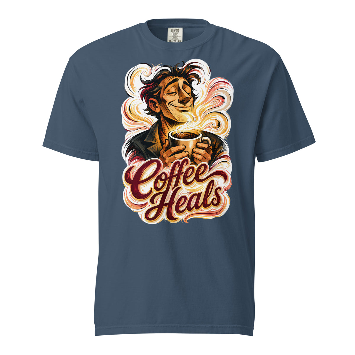 Coffee Lovers Unisex Garment-Dyed Heavyweight T-shirt Coffee Heals – Soulful Morning Motivation Graphic Tee by printfluence.net