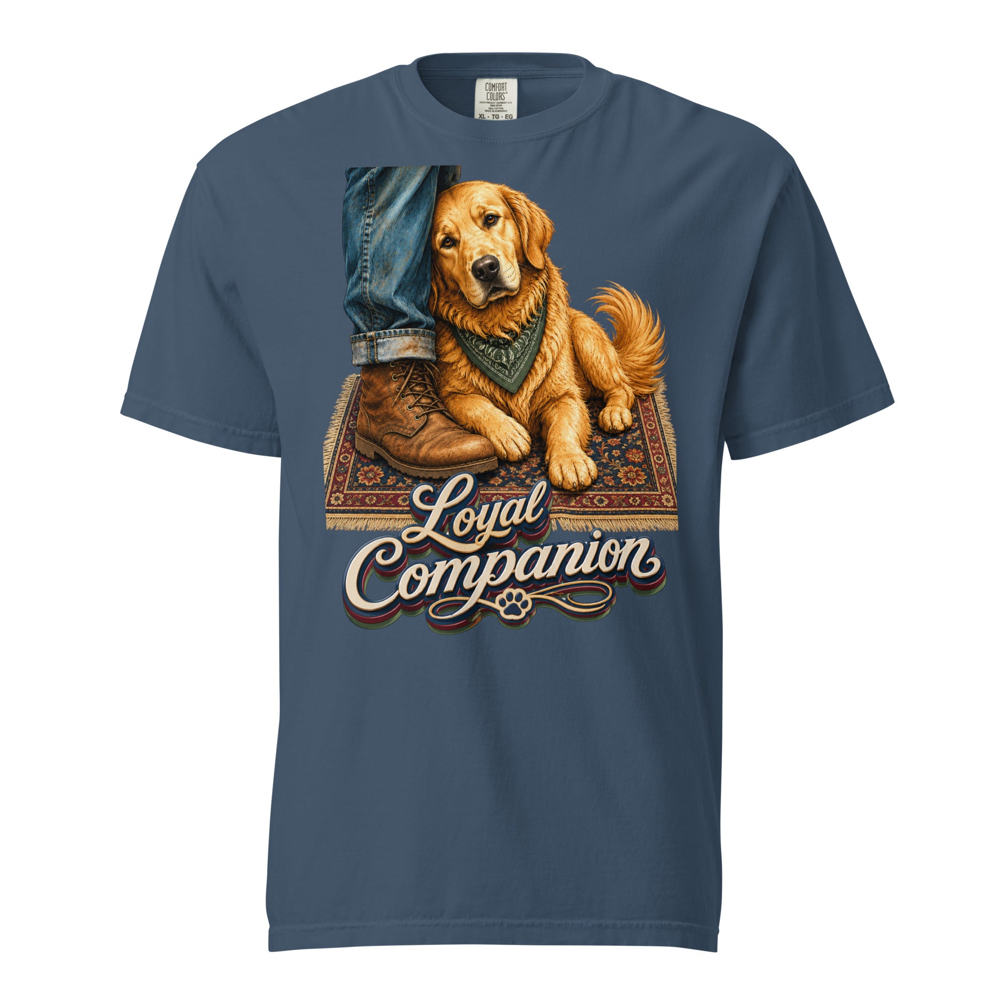Golden Retriever Lovers Unisex Garment-Dyed Heavyweight T-Shirt — "Loyal Companion" Faithful Dog Resting on Rug Design by printfluence.net