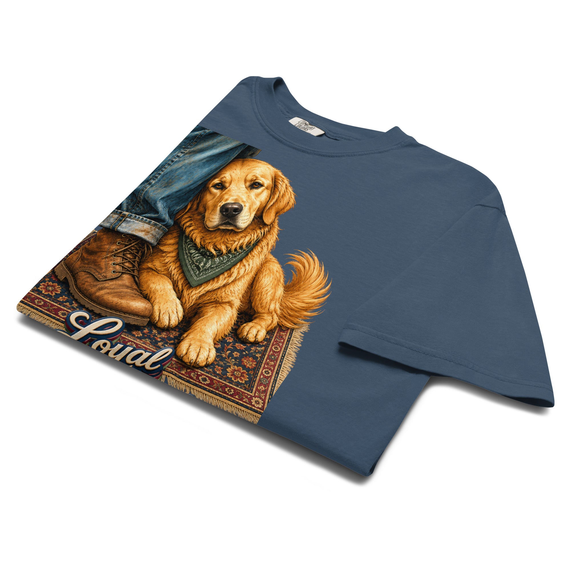 Golden Retriever Lovers Unisex Garment-Dyed Heavyweight T-Shirt — "Loyal Companion" Faithful Dog Resting on Rug Design by printfluence.net