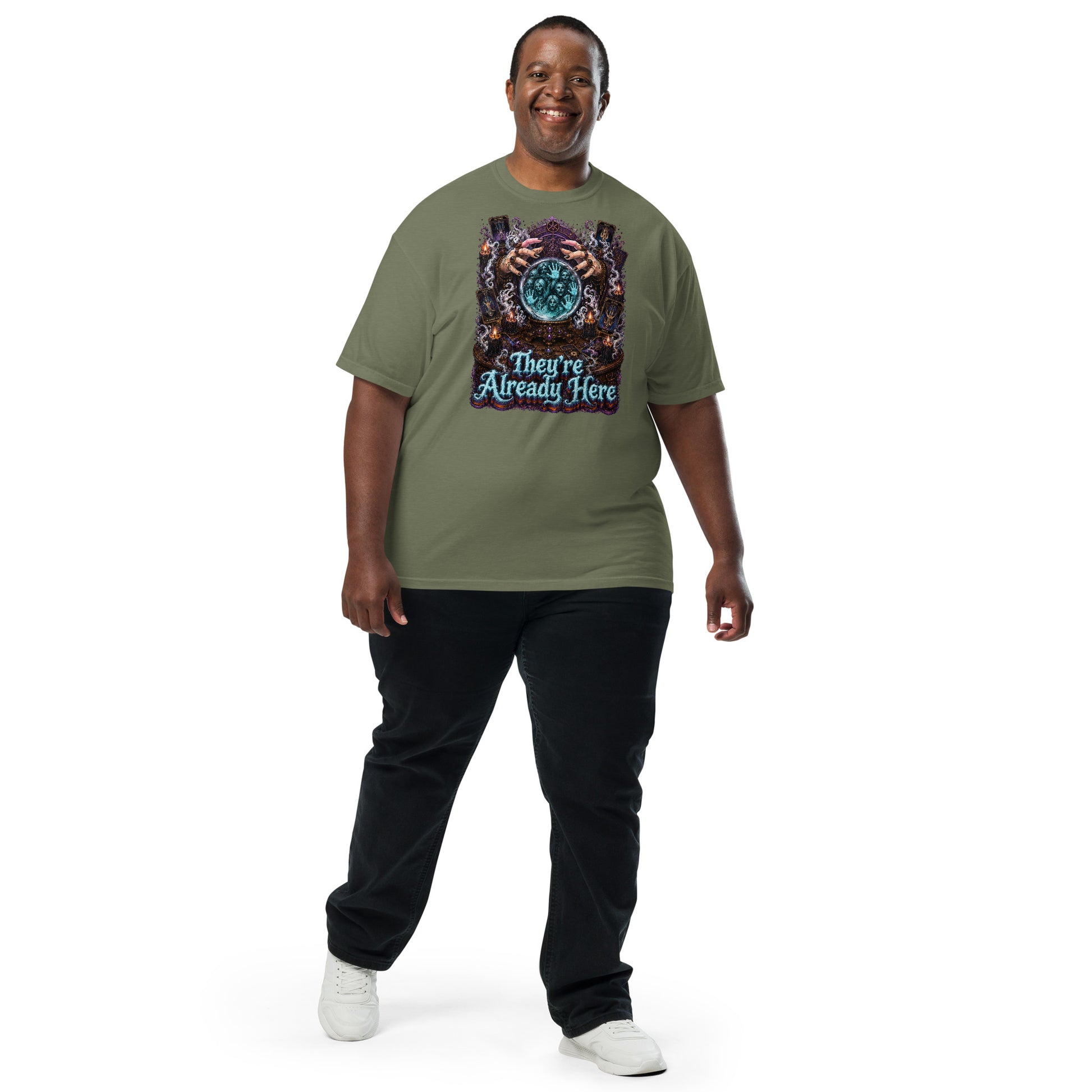 Horror and Mystery Lovers Unisex Garment-Dyed Heavyweight T-Shirt — "They're Already Here" Fortune Teller Crystal Ball and Tarot Design by printfluence.net