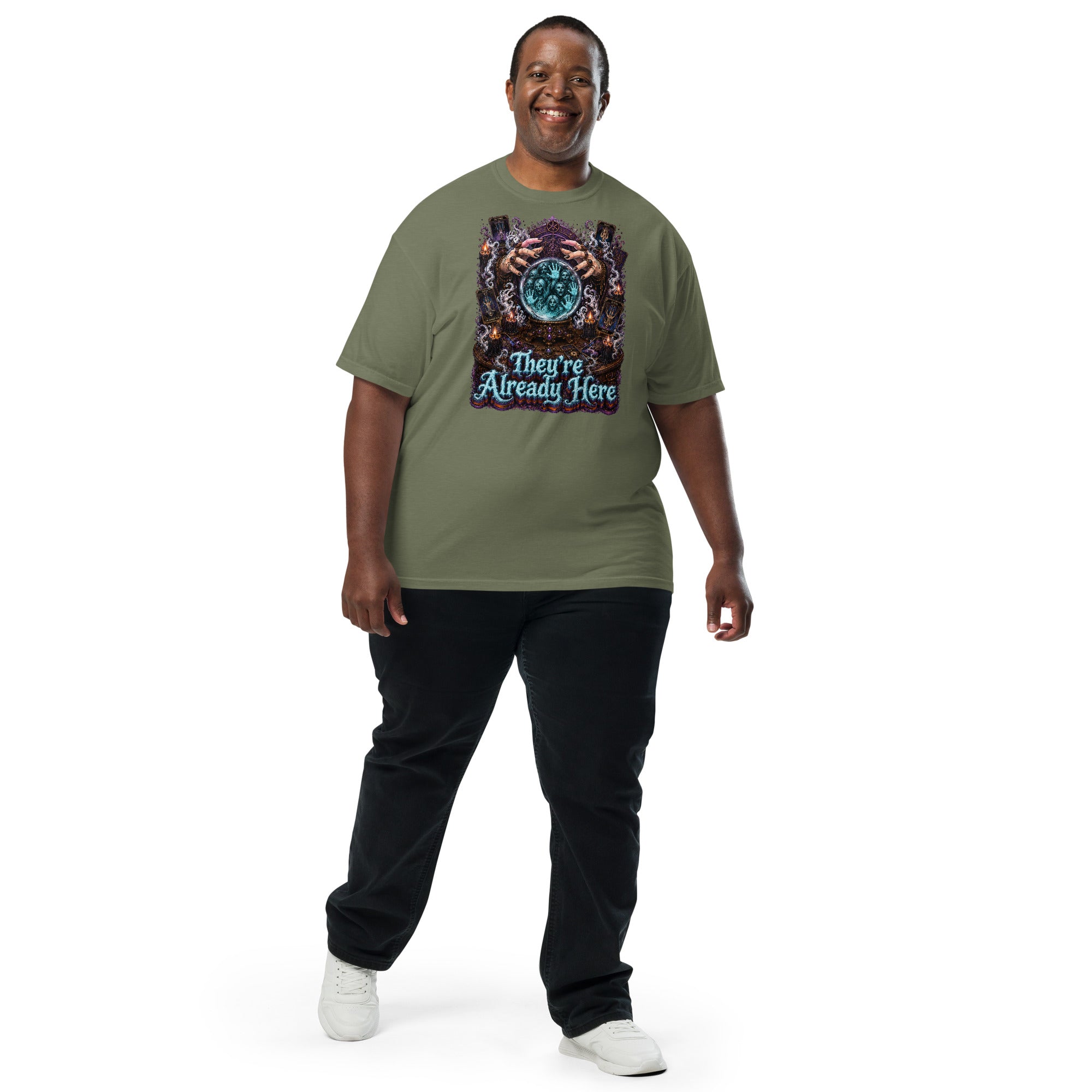 Horror and Mystery Lovers Unisex Garment-Dyed Heavyweight T-Shirt — "They're Already Here" Fortune Teller Crystal Ball and Tarot Design by printfluence.net