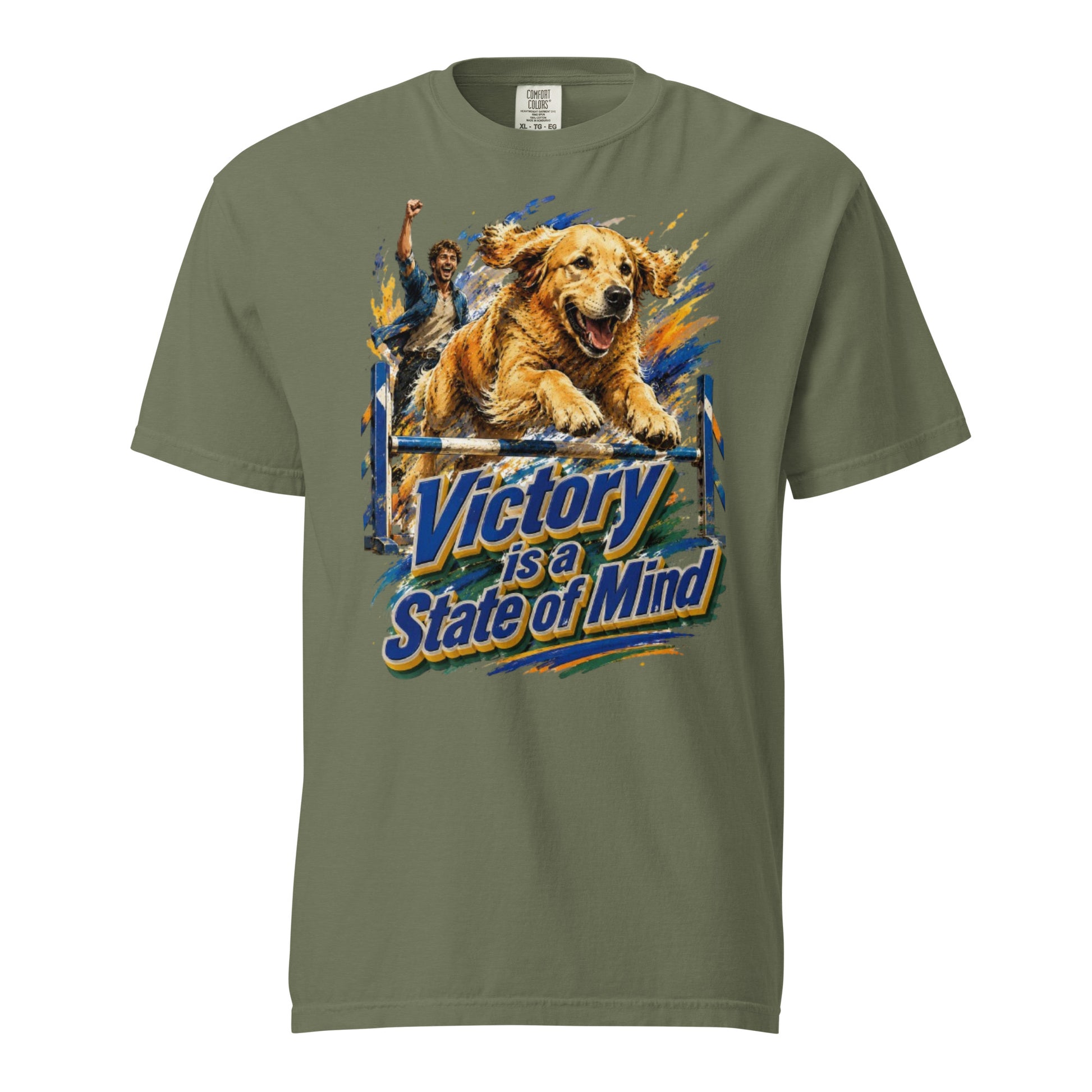 Golden Retriever Lovers Unisex Garment-Dyed Heavyweight T-Shirt — "Victory is a State of Mind" Agility Jumping Dog and Owner Design by printfluence.net