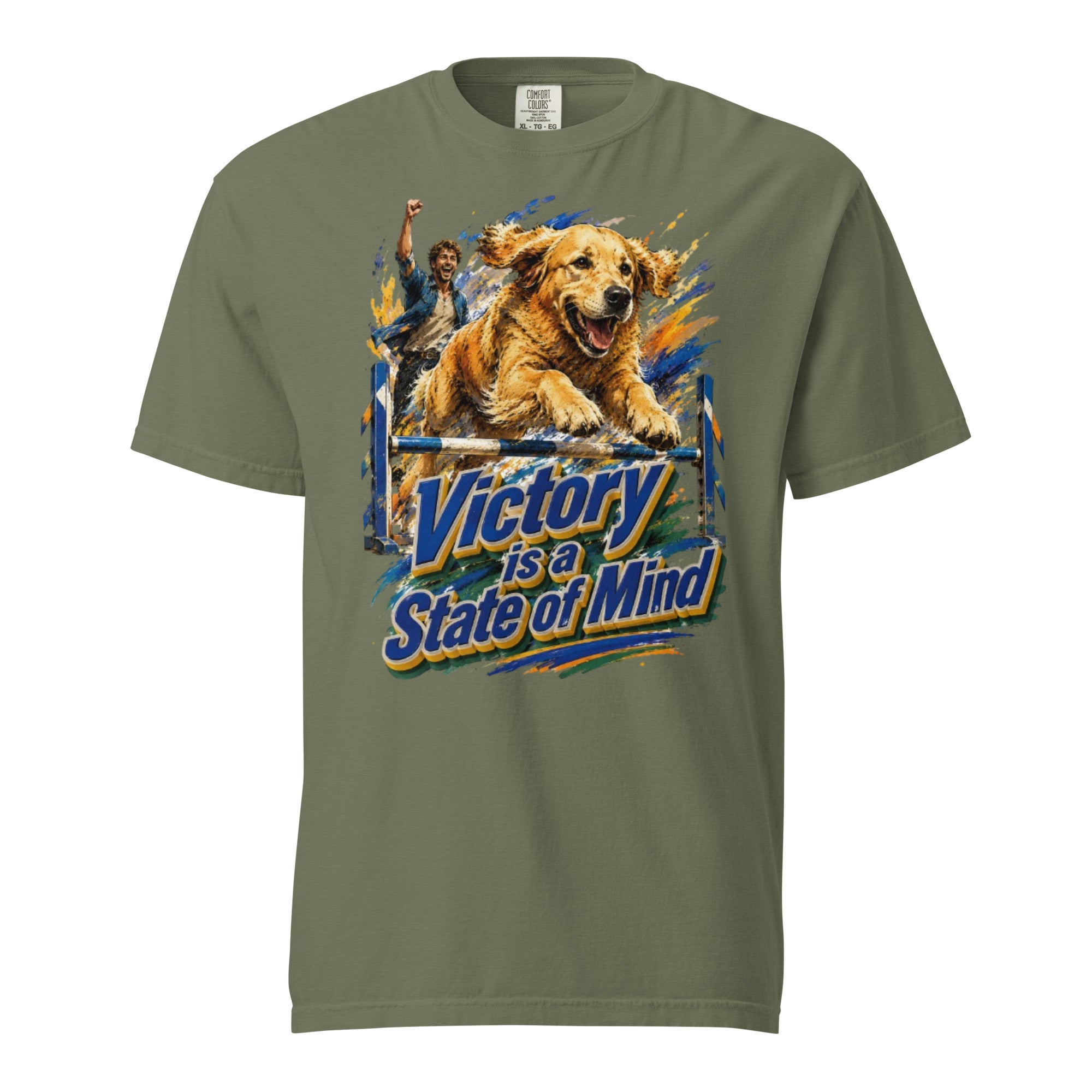 Golden Retriever Lovers Unisex Garment-Dyed Heavyweight T-Shirt — "Victory is a State of Mind" Agility Jumping Dog and Owner Design by printfluence.net