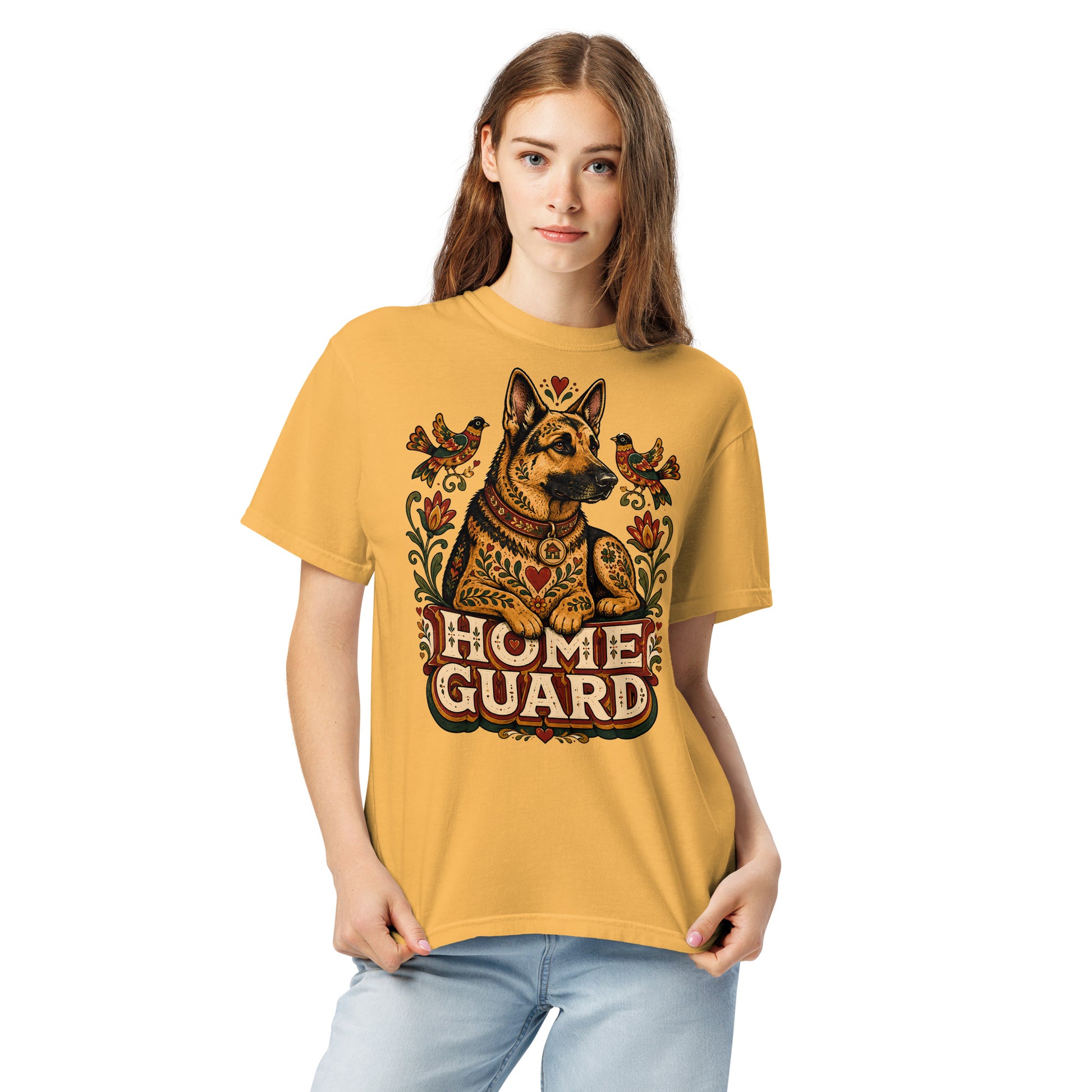 German Shepherd Lovers Unisex Garment-Dyed T-Shirt | Folk Art "Home Guard" Graphic Apparel by printfluence.net