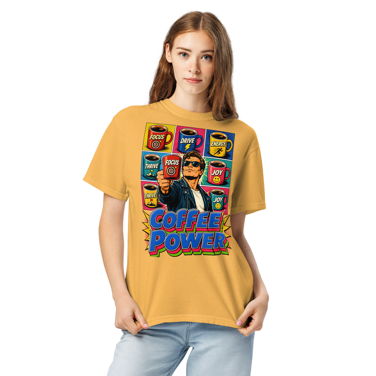 Coffee Lovers Unisex Garment-Dyed Heavyweight T-shirt Coffee Power – Retro Pop Art Motivational Graphic Tee by printfluence.net