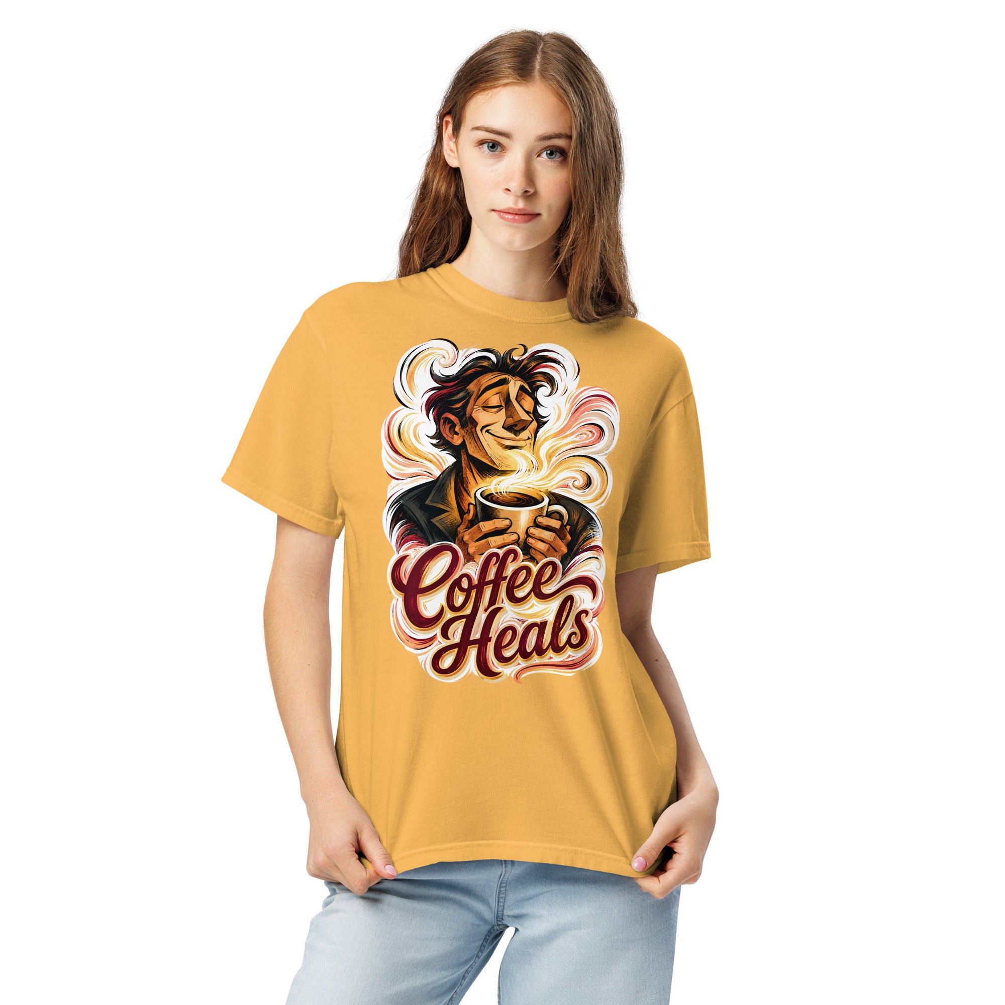 Coffee Lovers Unisex Garment-Dyed Heavyweight T-shirt Coffee Heals – Soulful Morning Motivation Graphic Tee by printfluence.net