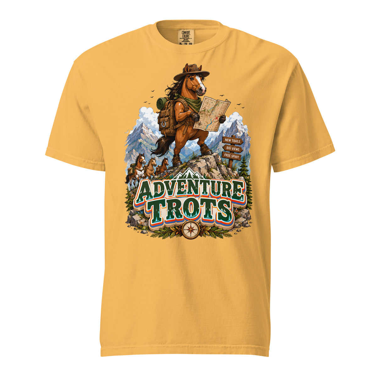 Adventure Trots Premium Tee | Epic Horse Lover's Hiking & Trail Graphic T-Shirt by printfluence.net
