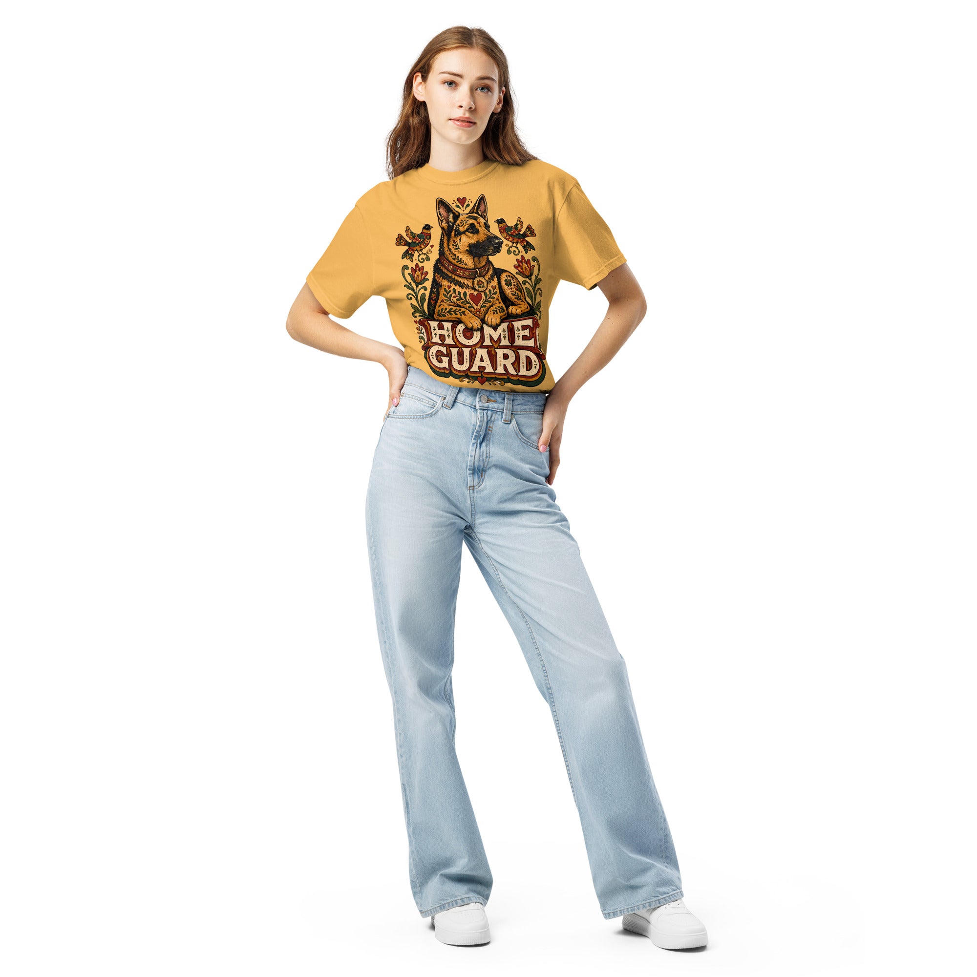 German Shepherd Lovers Unisex Garment-Dyed T-Shirt | Folk Art "Home Guard" Graphic Apparel by printfluence.net
