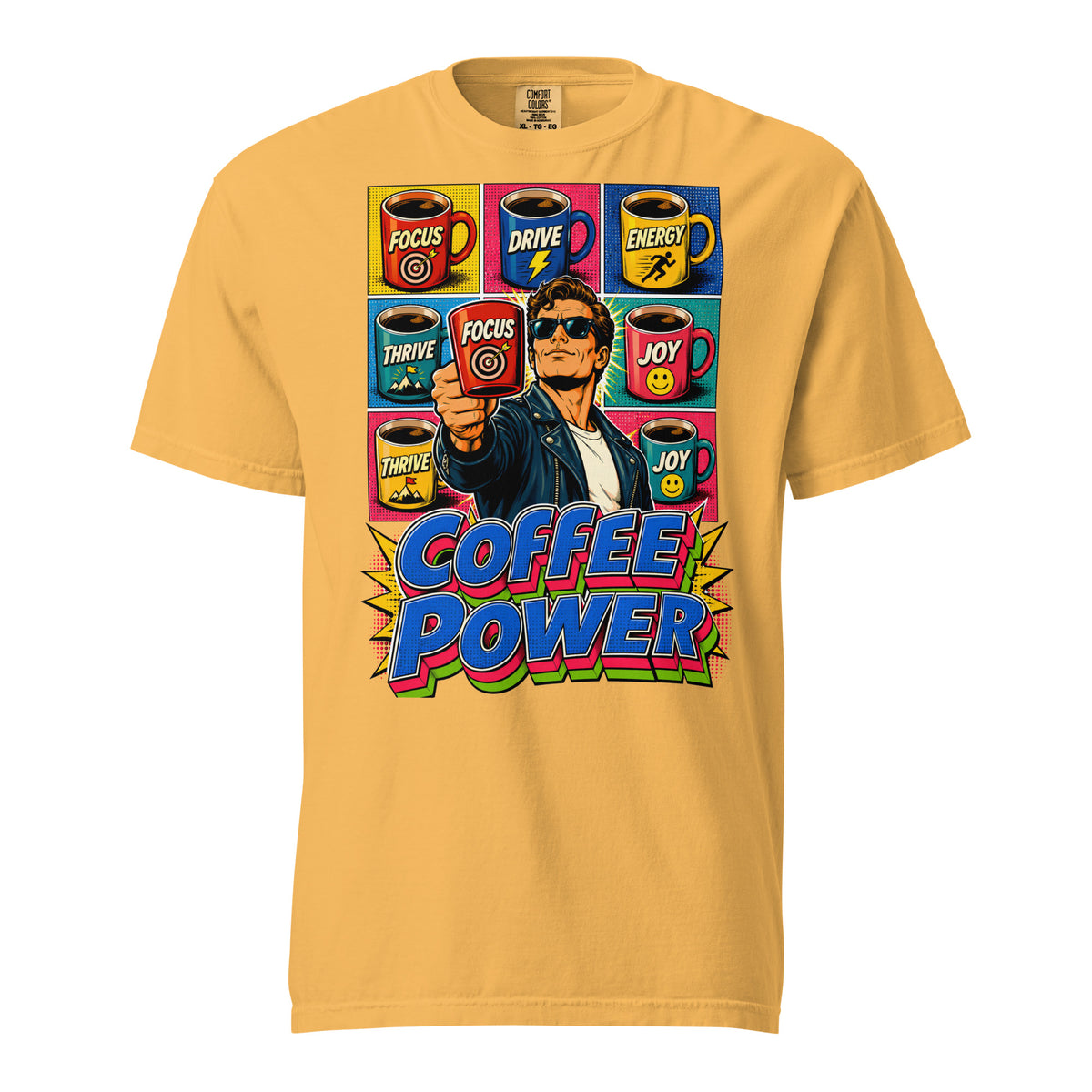 Coffee Lovers Unisex Garment-Dyed Heavyweight T-shirt Coffee Power – Retro Pop Art Motivational Graphic Tee by printfluence.net