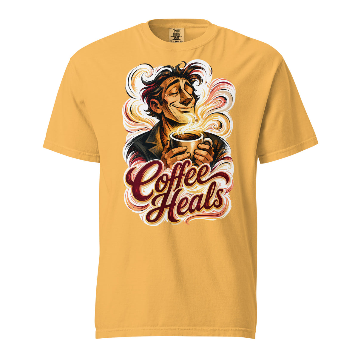 Coffee Lovers Unisex Garment-Dyed Heavyweight T-shirt Coffee Heals – Soulful Morning Motivation Graphic Tee by printfluence.net