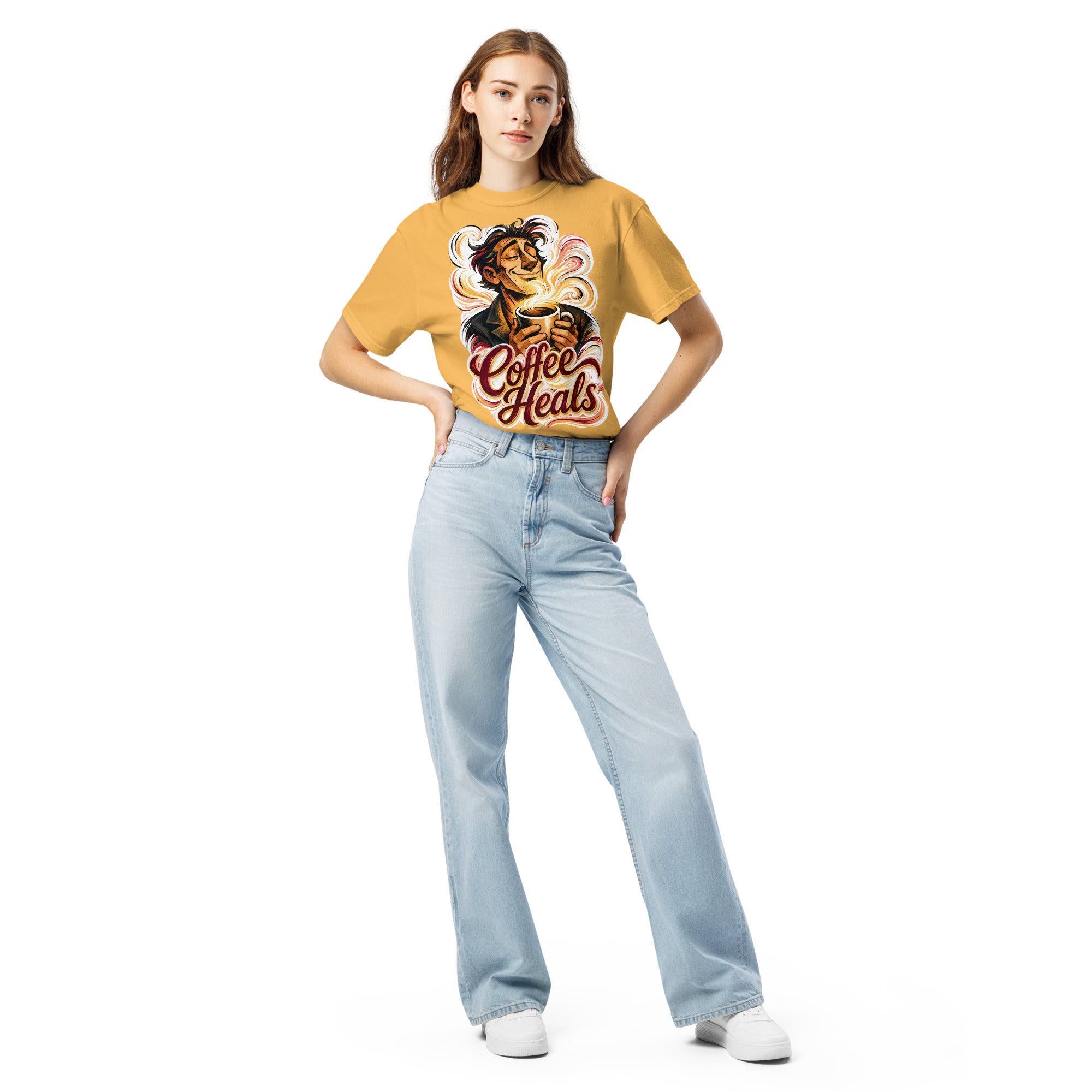 Coffee Lovers Unisex Garment-Dyed Heavyweight T-shirt Coffee Heals – Soulful Morning Motivation Graphic Tee by printfluence.net