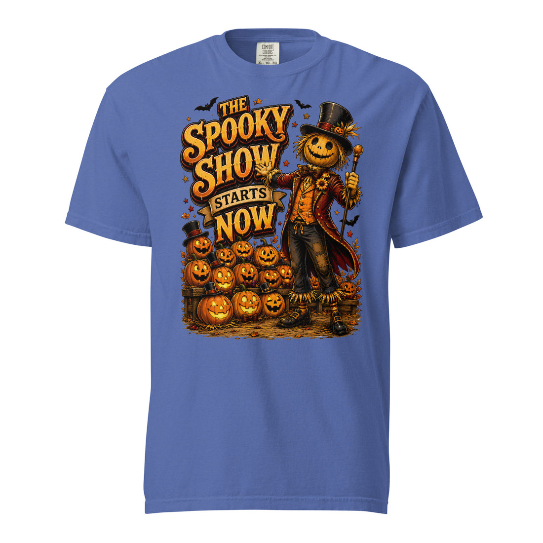 Spooky & Halloween Lovers Unisex Garment-Dyed Heavyweight T-Shirt with "The Spooky Show Starts Now" Design by printfluence.net
