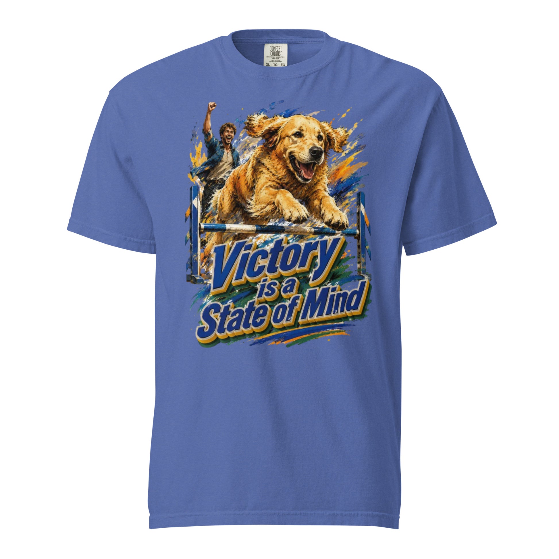 Golden Retriever Lovers Unisex Garment-Dyed Heavyweight T-Shirt — "Victory is a State of Mind" Agility Jumping Dog and Owner Design by printfluence.net