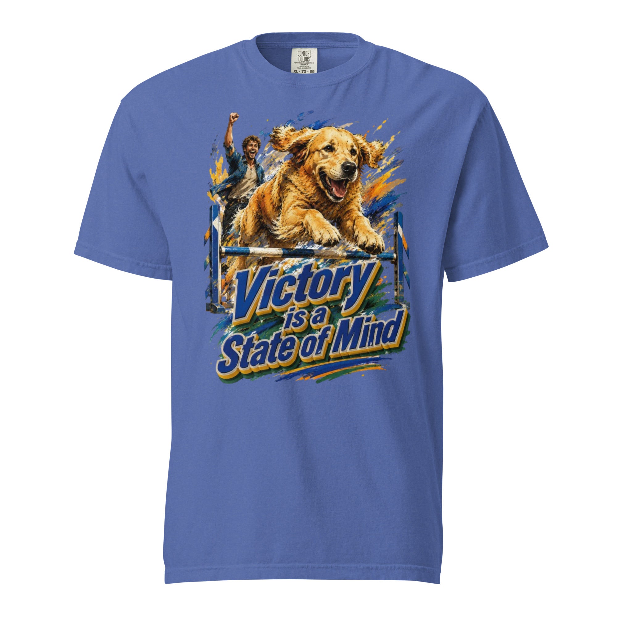 Golden Retriever Lovers Unisex Garment-Dyed Heavyweight T-Shirt — "Victory is a State of Mind" Agility Jumping Dog and Owner Design by printfluence.net