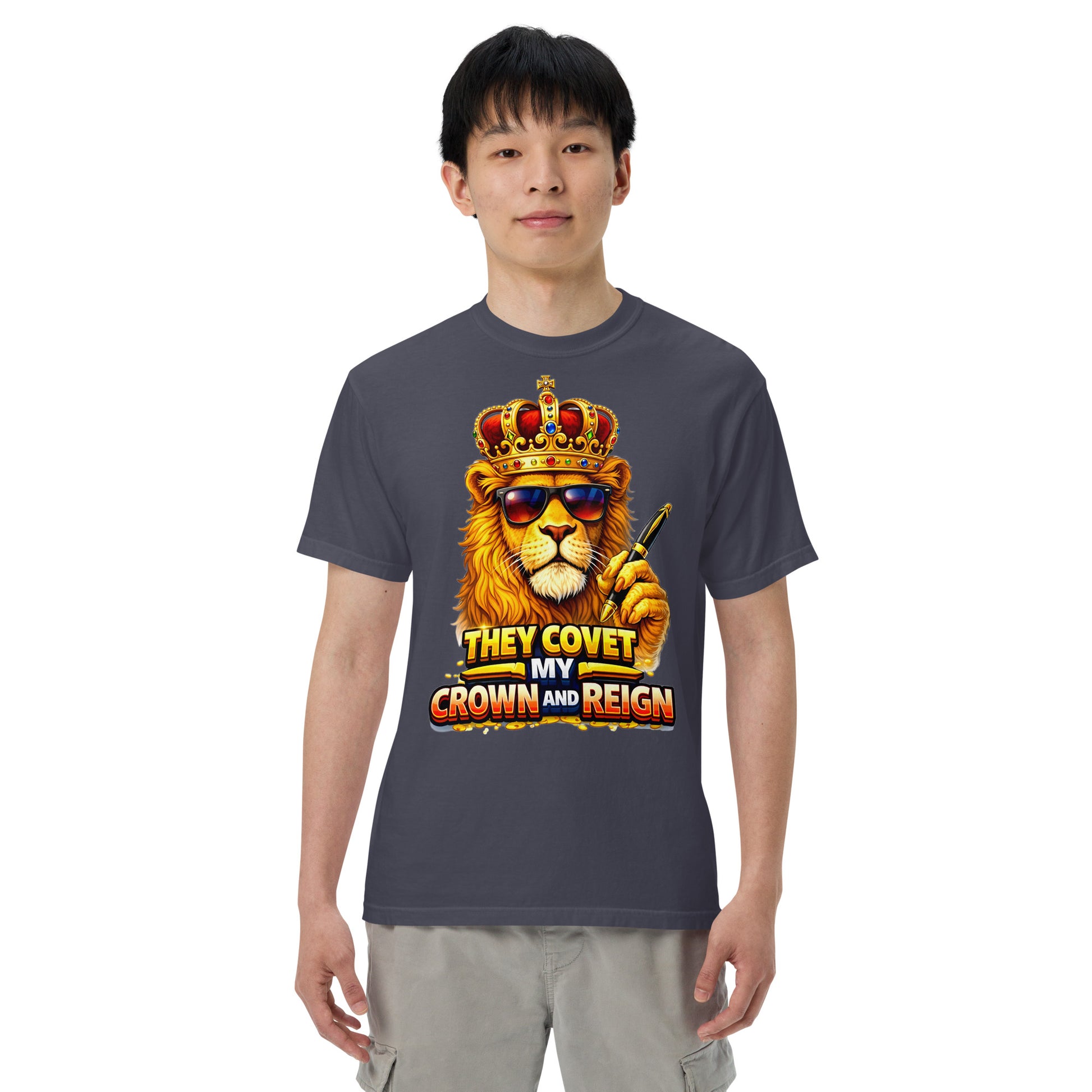 Unisex garment-dyed heavyweight t-shirt - King of the Reign Lion Graphic Tee – Heavyweight Vintage Urban Streetwear by printfluence.net
