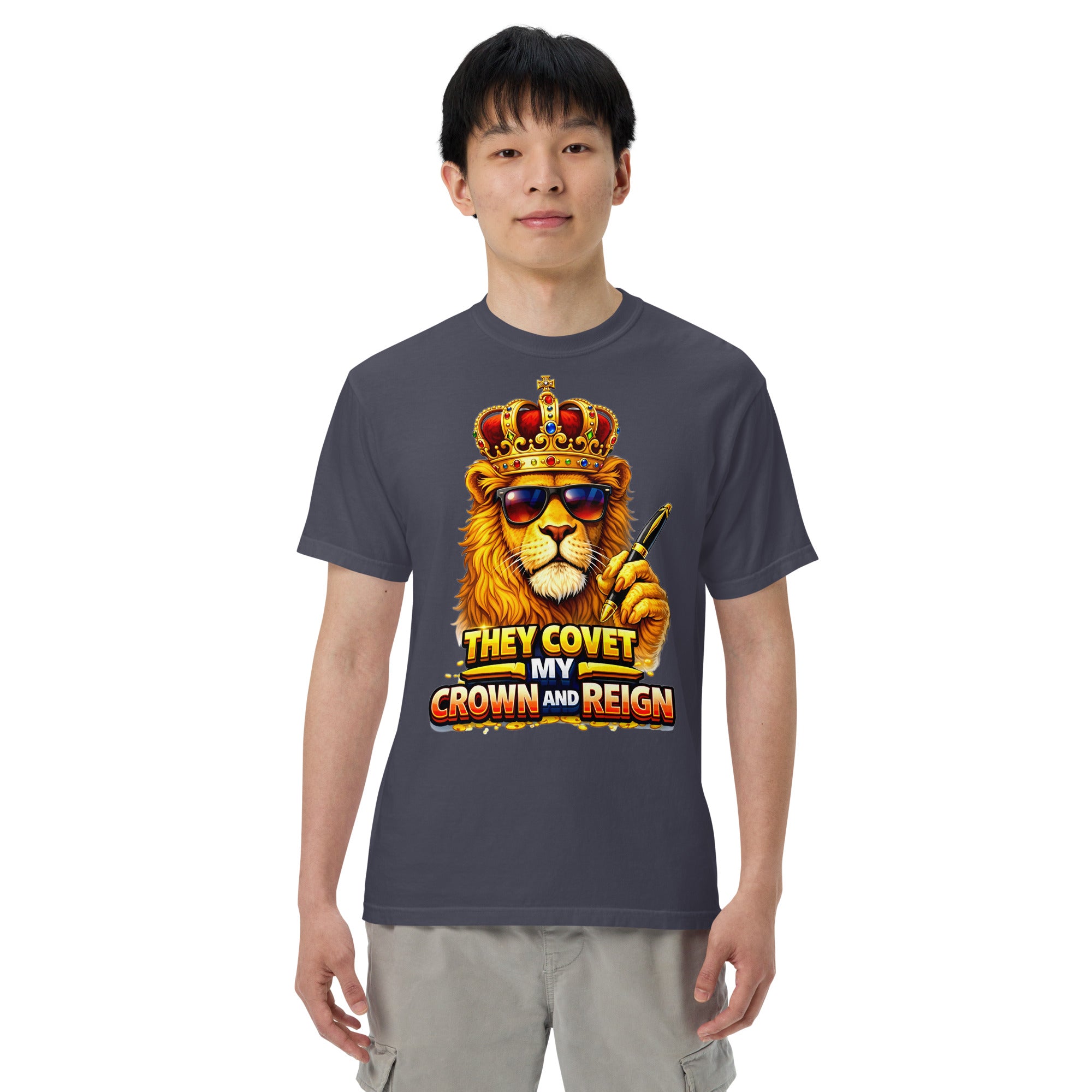 Unisex garment-dyed heavyweight t-shirt - King of the Reign Lion Graphic Tee – Heavyweight Vintage Urban Streetwear by printfluence.net
