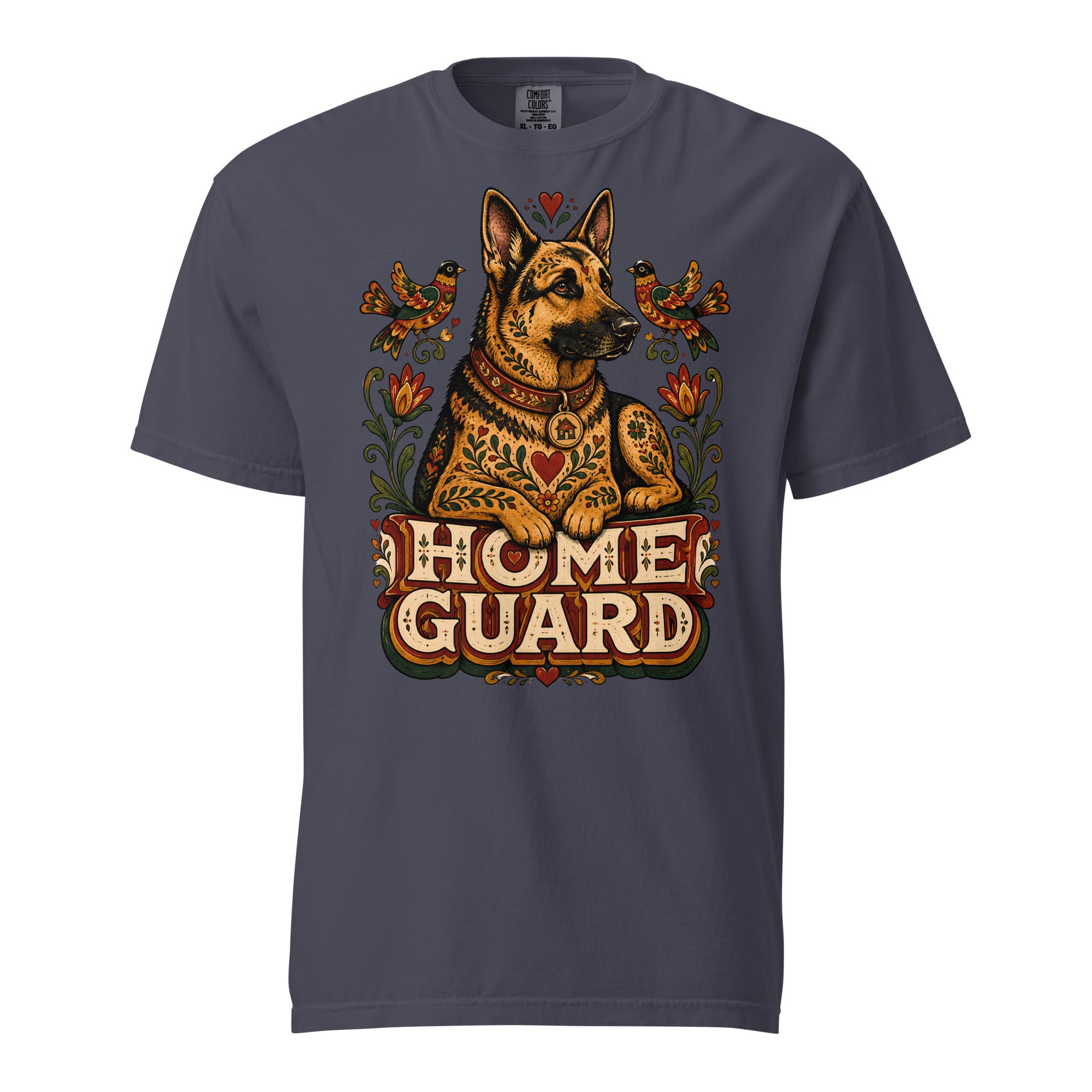 German Shepherd Lovers Unisex Garment-Dyed T-Shirt | Folk Art "Home Guard" Graphic Apparel by printfluence.net