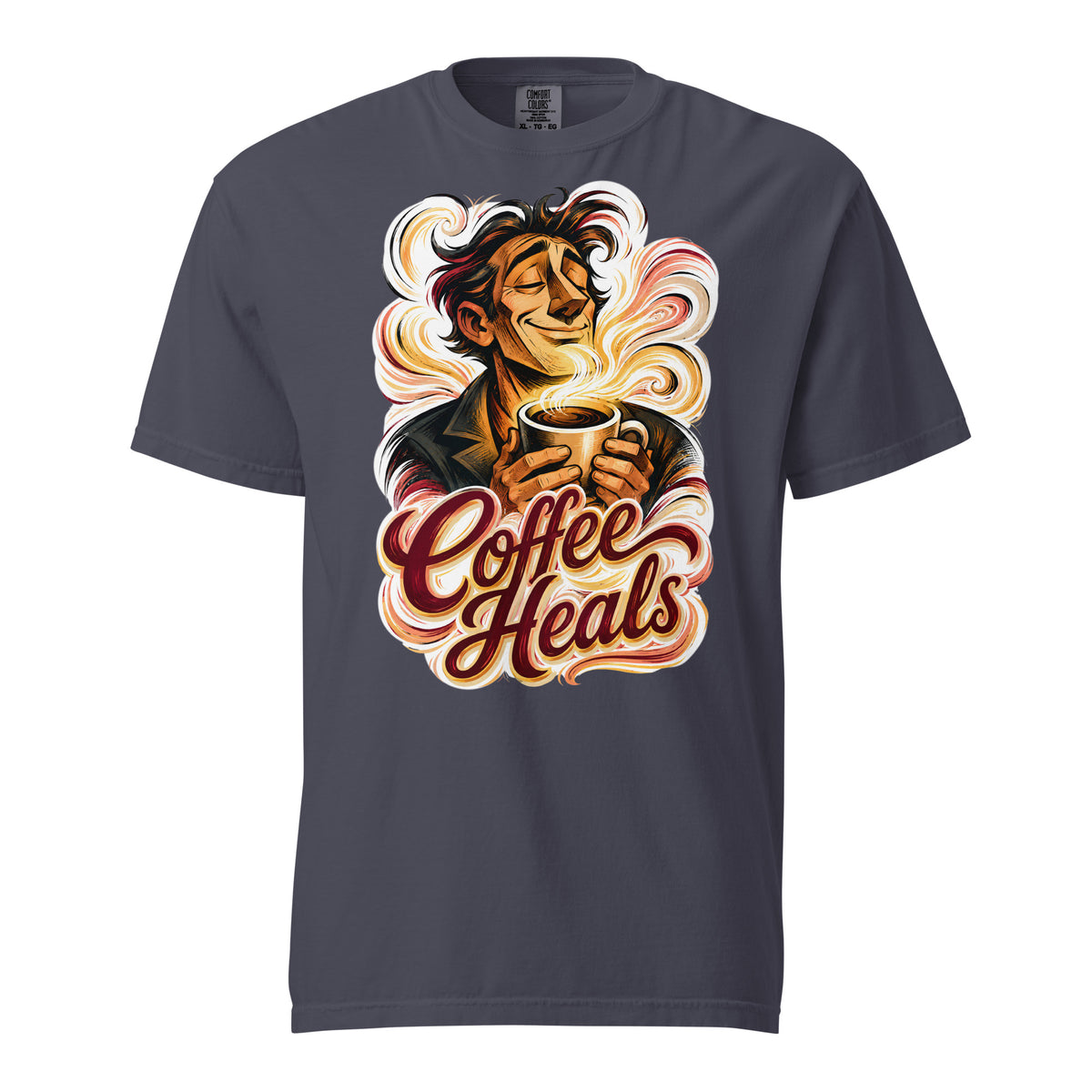 Coffee Lovers Unisex Garment-Dyed Heavyweight T-shirt Coffee Heals – Soulful Morning Motivation Graphic Tee by printfluence.net
