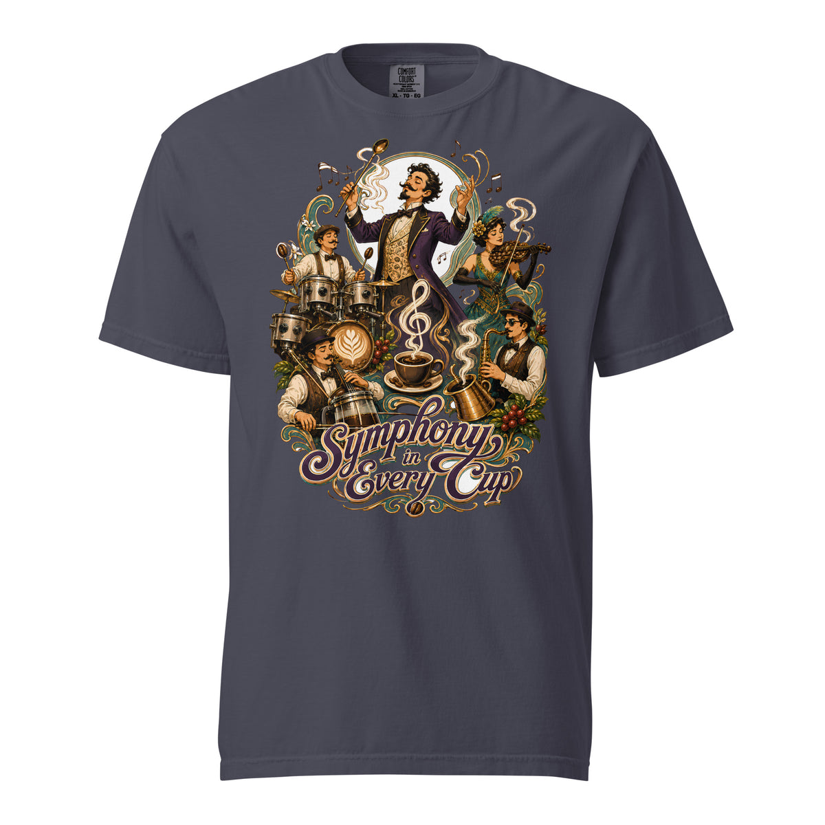Coffee Lovers Unisex Heavyweight T-shirt Symphony in Every Cup – Musical & Orchestral Coffee Graphic Tee by printfluence.net