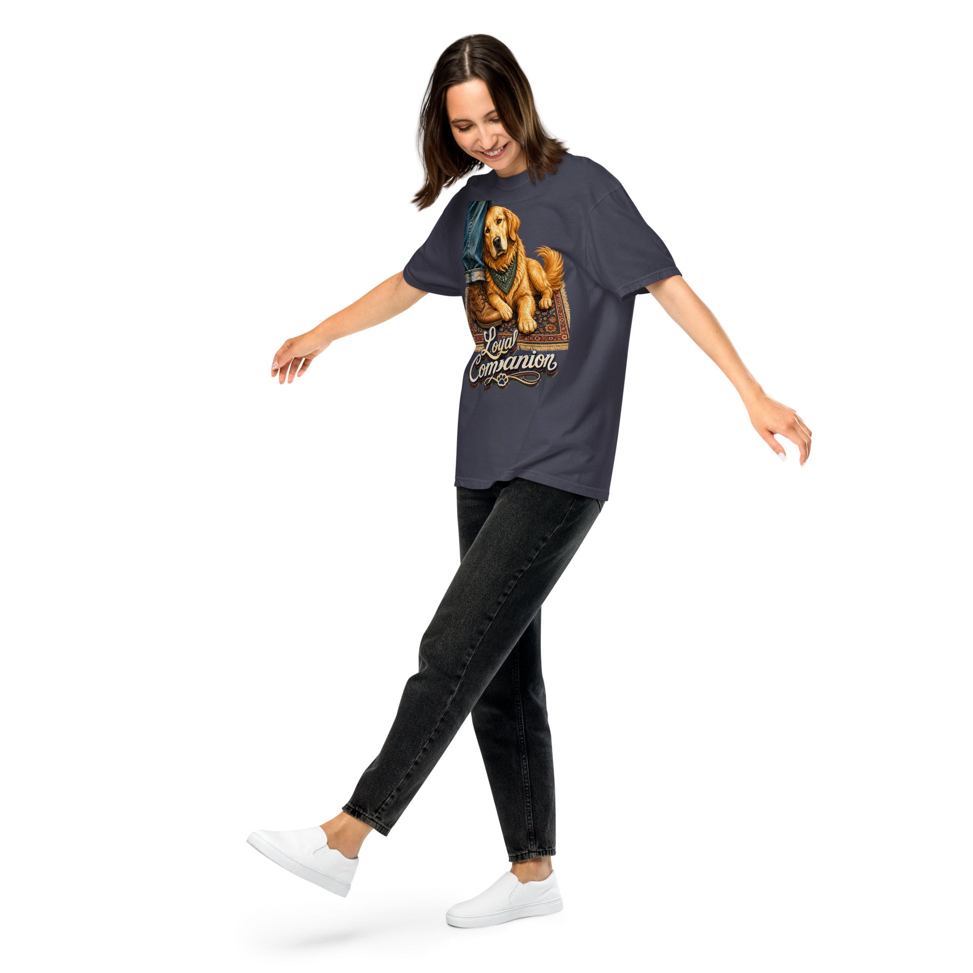Golden Retriever Lovers Unisex Garment-Dyed Heavyweight T-Shirt — "Loyal Companion" Faithful Dog Resting on Rug Design by printfluence.net