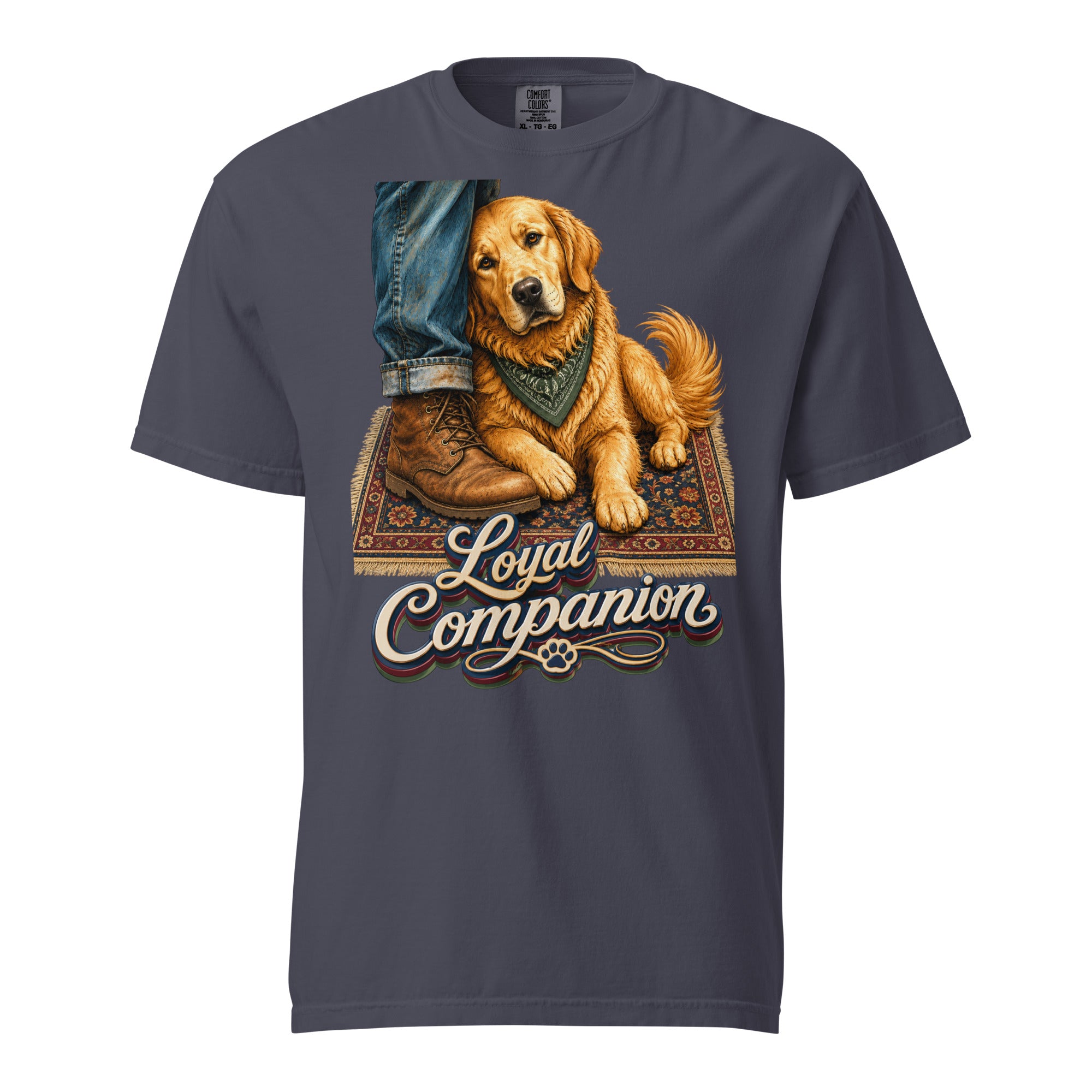 Golden Retriever Lovers Unisex Garment-Dyed Heavyweight T-Shirt — "Loyal Companion" Faithful Dog Resting on Rug Design by printfluence.net