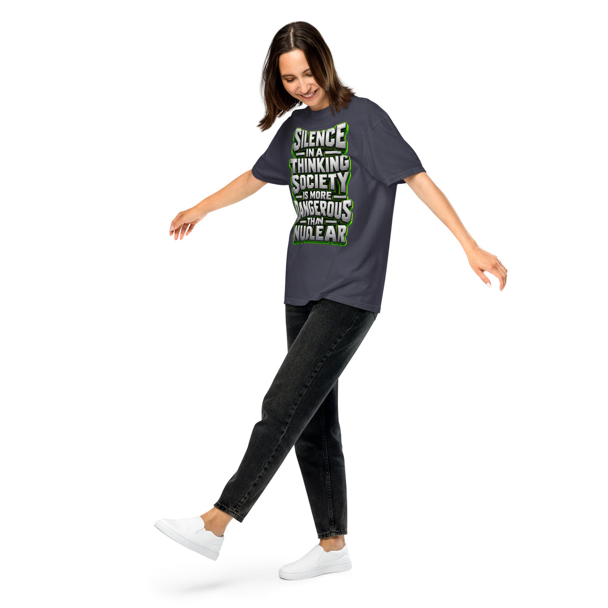 Inspirational Quotes Lovers | Unisex Garment-Dyed Heavyweight T-Shirt — SILENCE IN A THINKING SOCIETY IS MORE DANGEROUS THAN NUCLEAR by printfluence