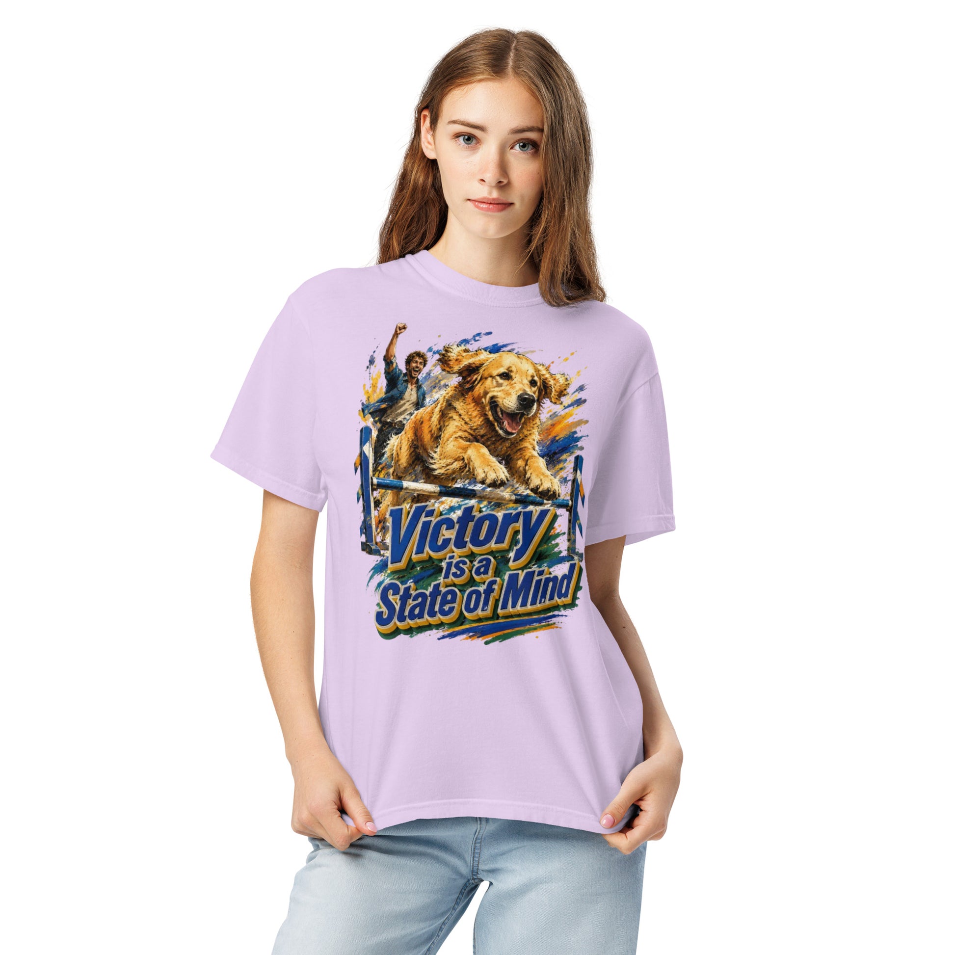 Golden Retriever Lovers Unisex Garment-Dyed Heavyweight T-Shirt — "Victory is a State of Mind" Agility Jumping Dog and Owner Design by printfluence.net