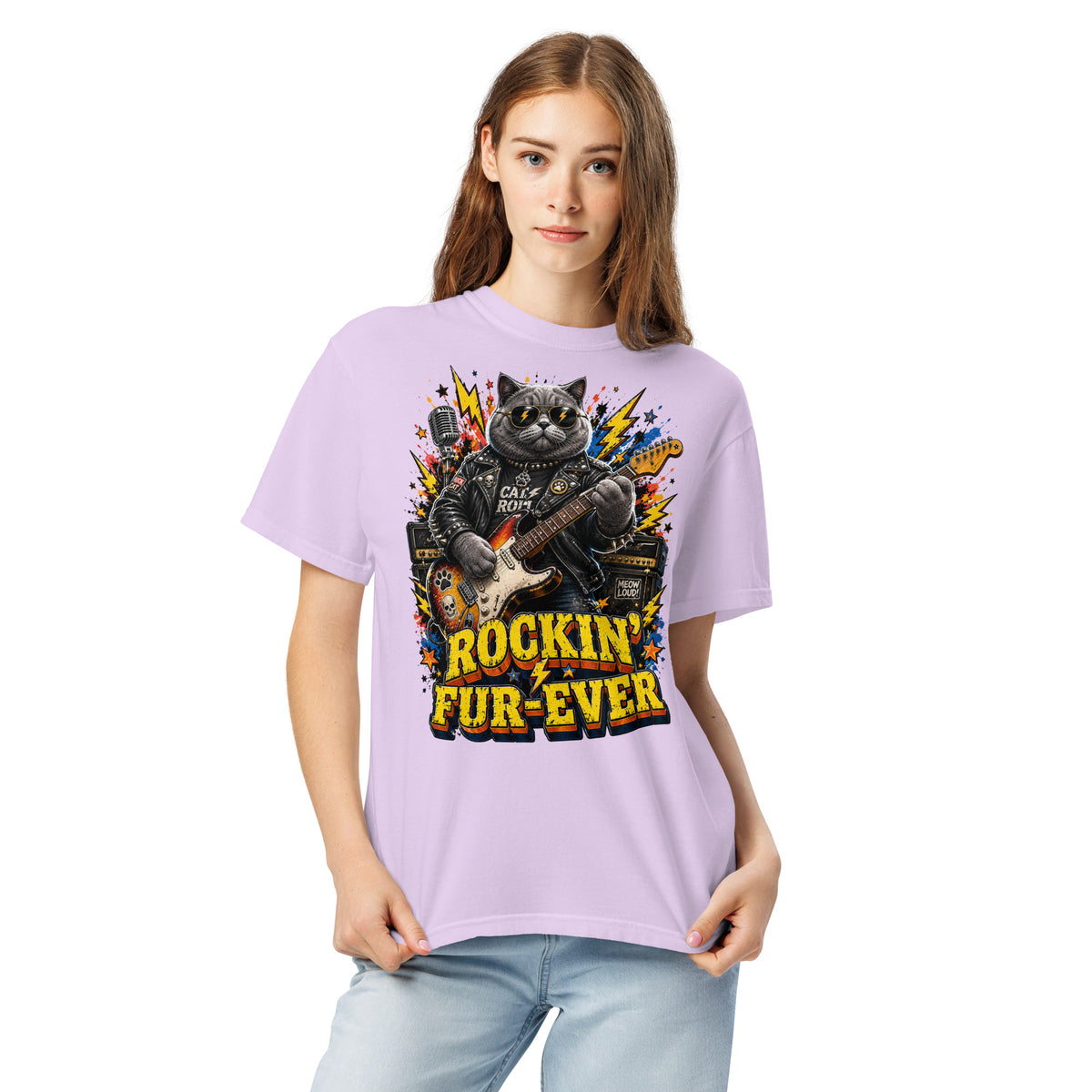 Cat Lovers Unisex Garment-Dyed Heavyweight T-Shirt "Rockin’ Fur-Ever" by printfluence.net