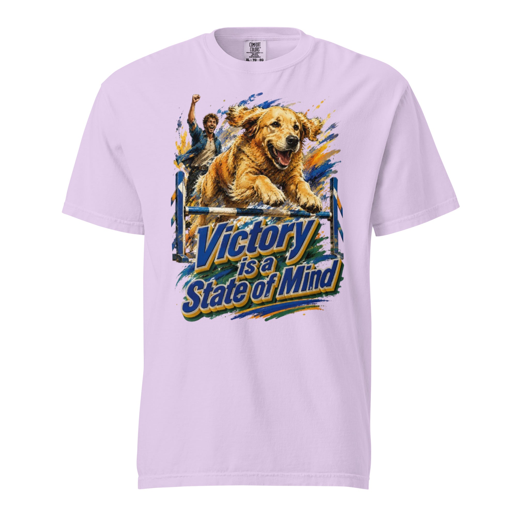 Golden Retriever Lovers Unisex Garment-Dyed Heavyweight T-Shirt — "Victory is a State of Mind" Agility Jumping Dog and Owner Design by printfluence.net