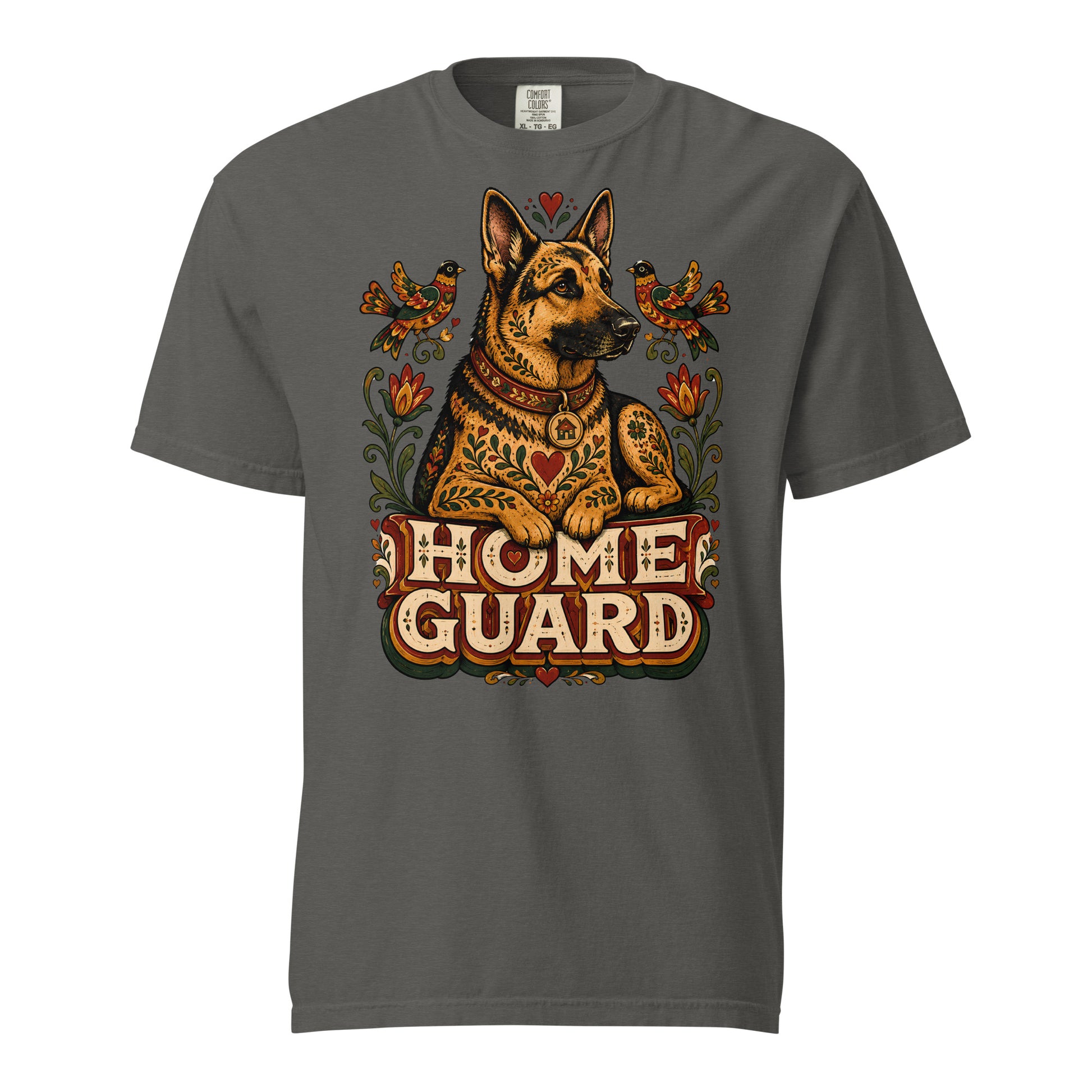 German Shepherd Lovers Unisex Garment-Dyed T-Shirt | Folk Art "Home Guard" Graphic Apparel by printfluence.net