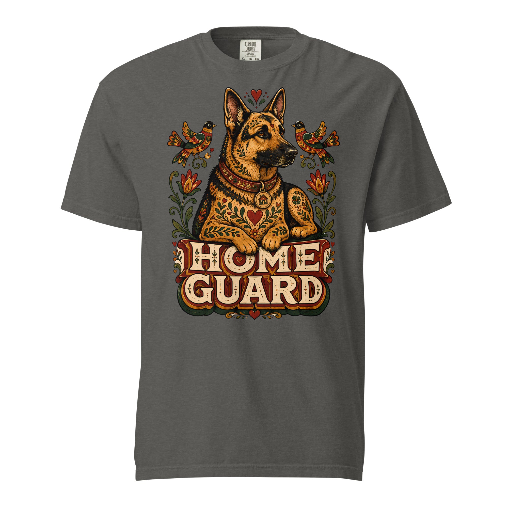 German Shepherd Lovers Unisex Garment-Dyed T-Shirt | Folk Art "Home Guard" Graphic Apparel by printfluence.net