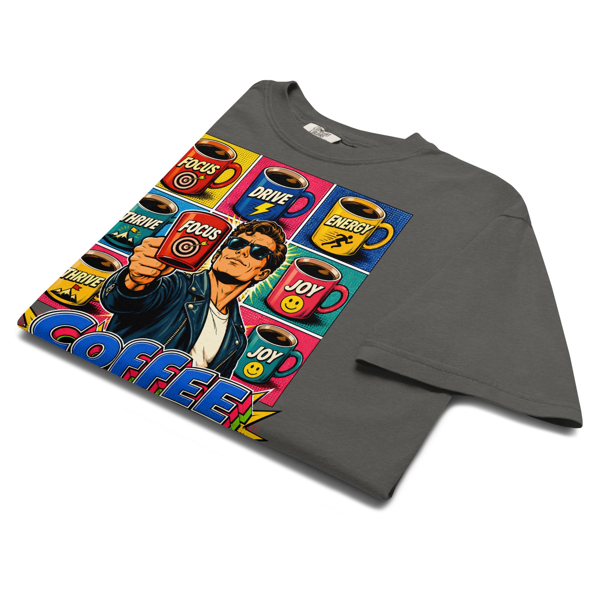 Coffee Lovers Unisex Garment-Dyed Heavyweight T-shirt Coffee Power – Retro Pop Art Motivational Graphic Tee by printfluence.net
