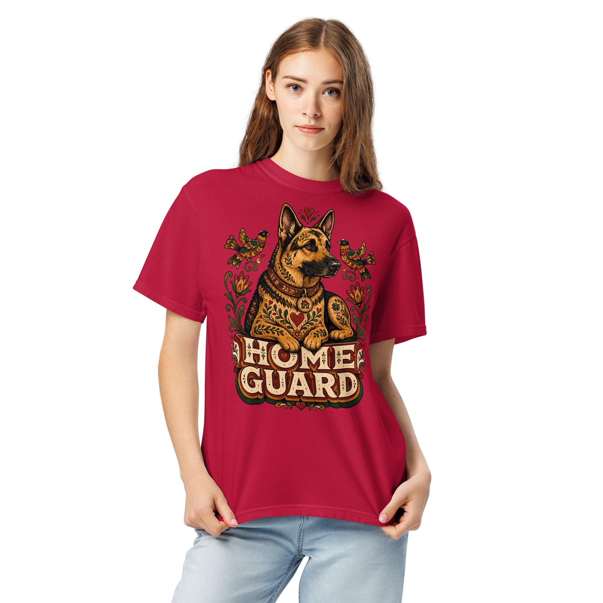 German Shepherd Lovers Unisex Garment-Dyed T-Shirt | Folk Art "Home Guard" Graphic Apparel by printfluence.net
