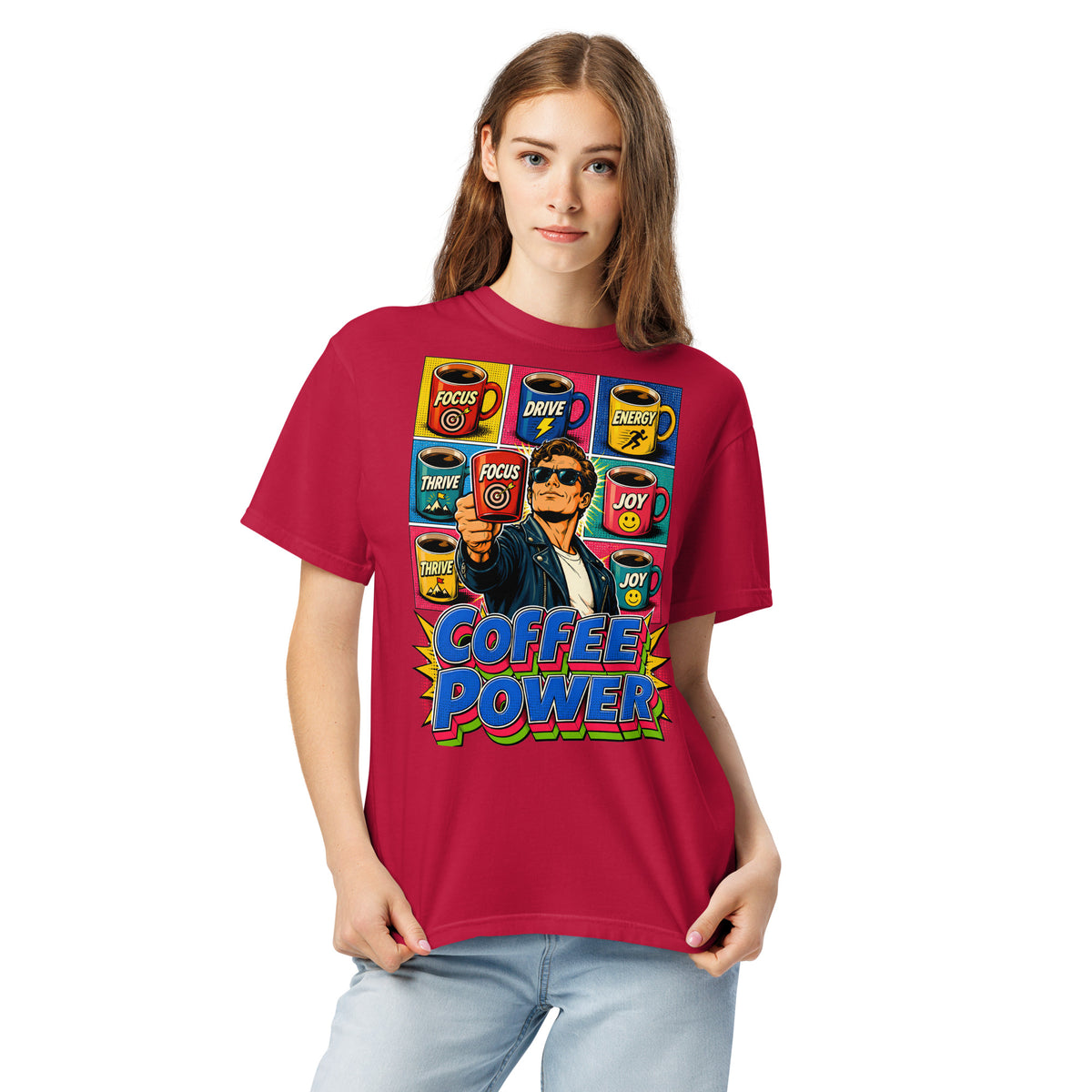 Coffee Lovers Unisex Garment-Dyed Heavyweight T-shirt Coffee Power – Retro Pop Art Motivational Graphic Tee by printfluence.net
